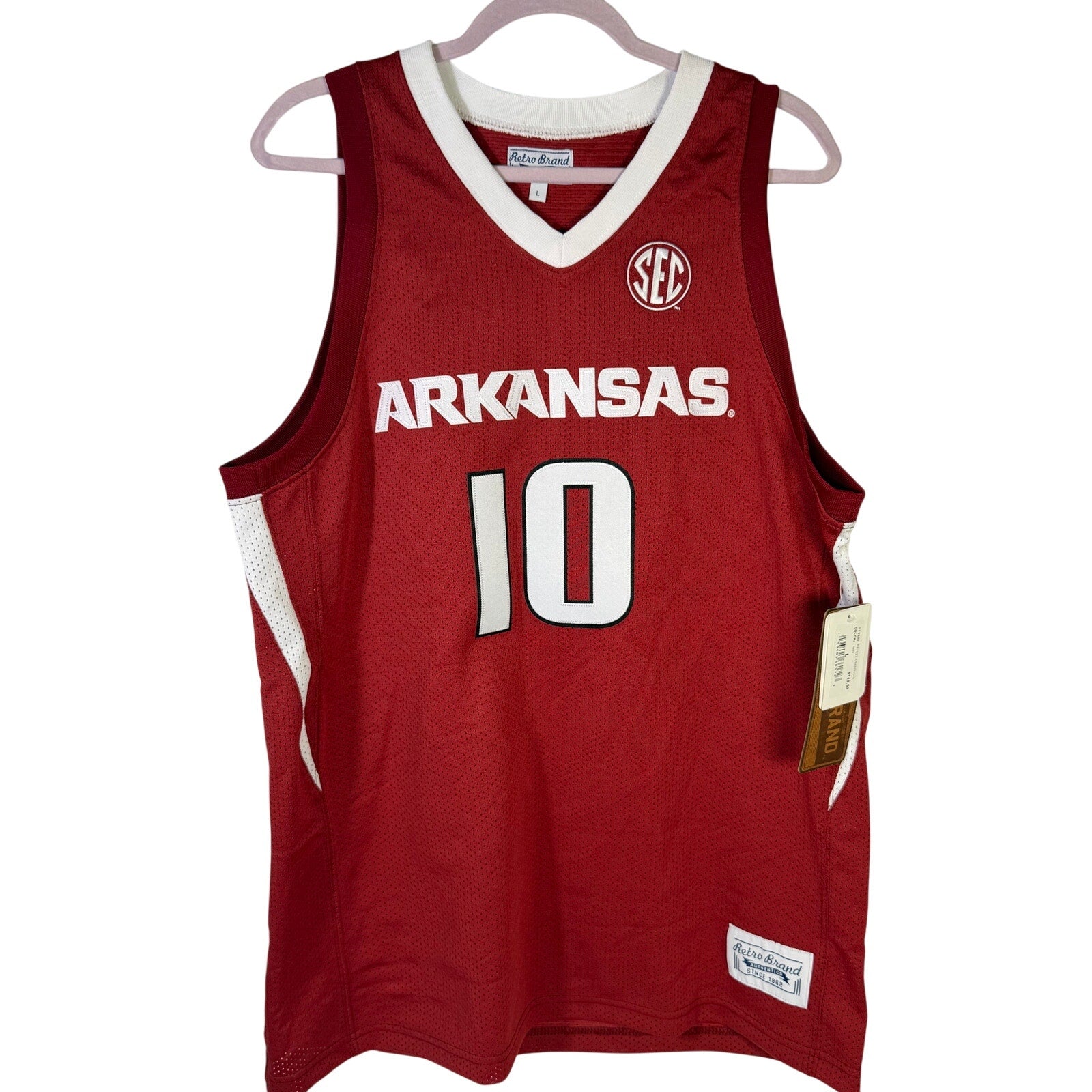 Red Retro Brand Arkansas Razorbacks #10 basketball jersey for men, large size, featuring team logo and player number.