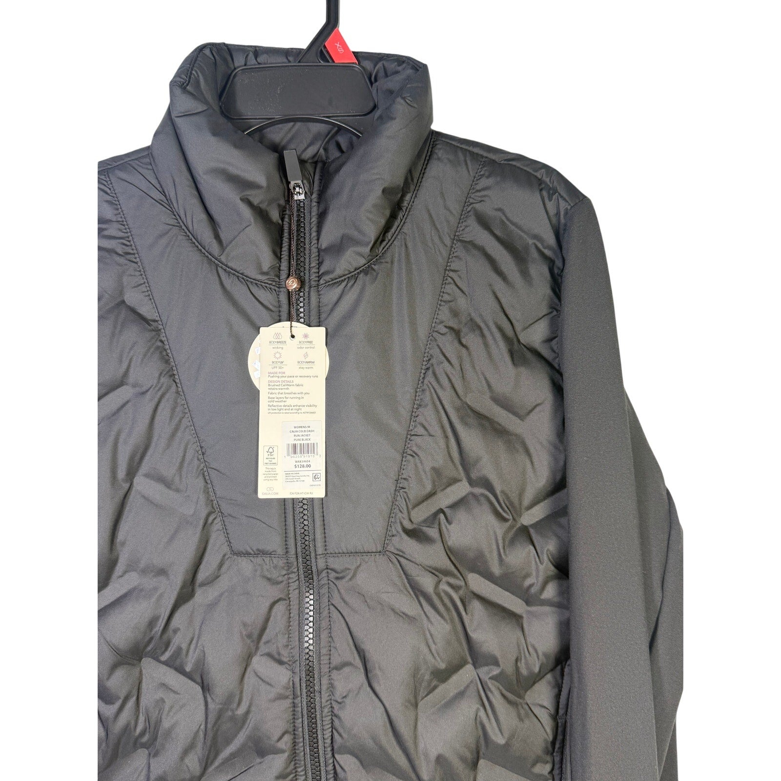 CALIA Women's Cold Dash Run Jacket in pure black, size medium, with quilted design and hybrid insulation, suitable for cold weather.