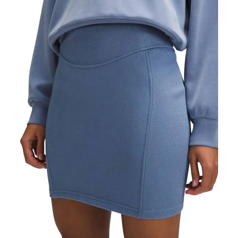 Lululemon women's Softstreme high-rise mini skirt in blue, casual athletic style, made from soft, comfortable fabric.
