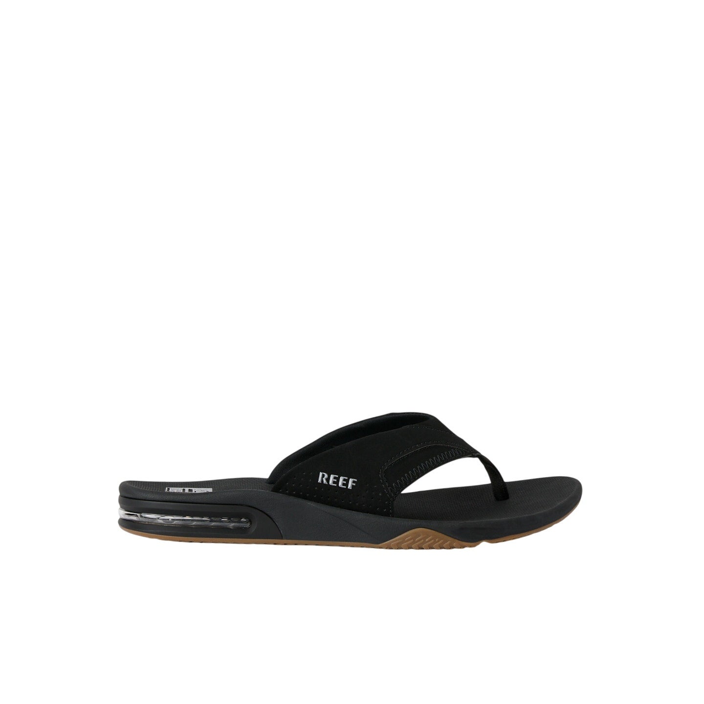 Reef men's Fanning flip-flop sandals in size 8 with black straps and cushioned footbed, casual summer footwear.