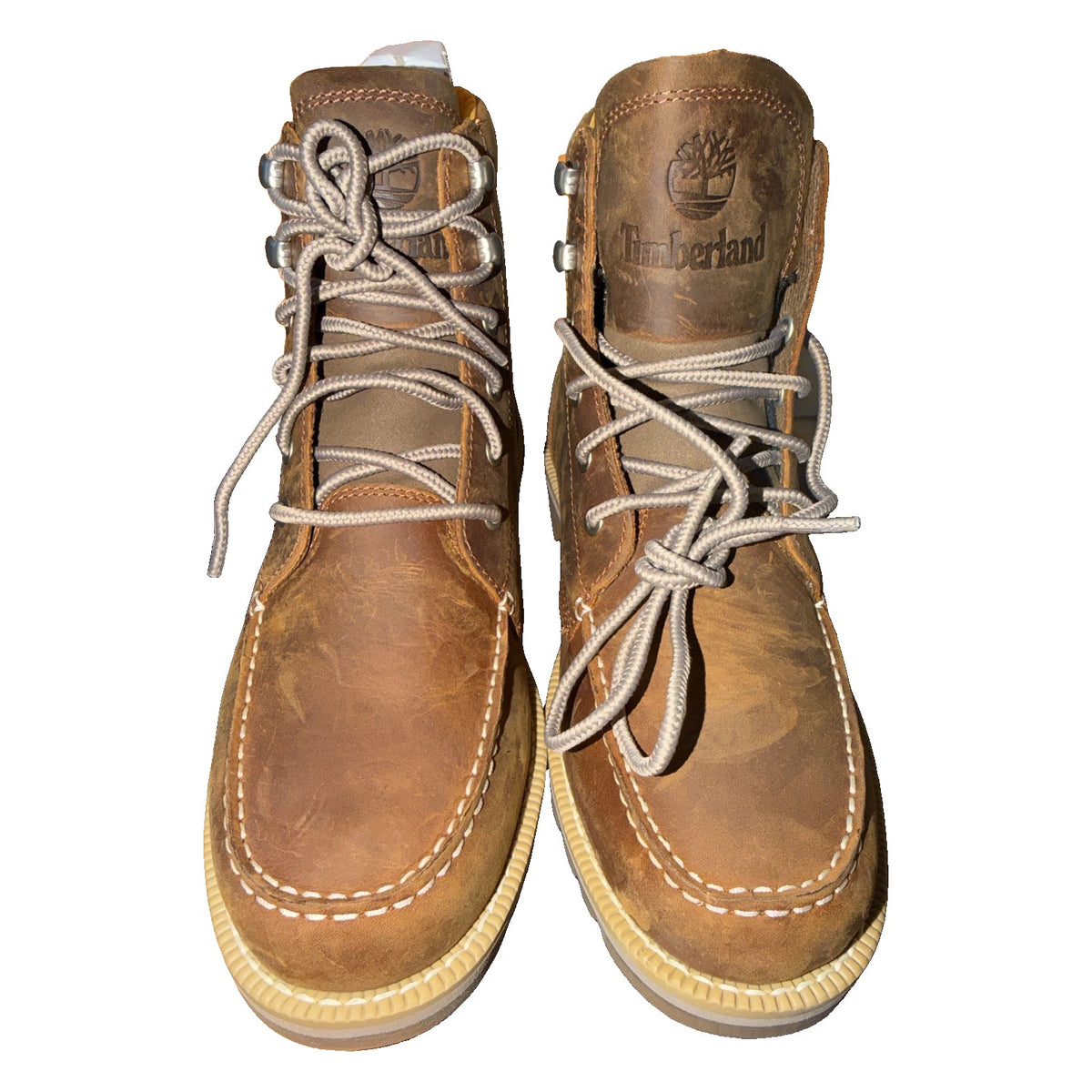 Timberland waterproof moc toe lace-up boots in rust brown leather for men, size 9, new in box.