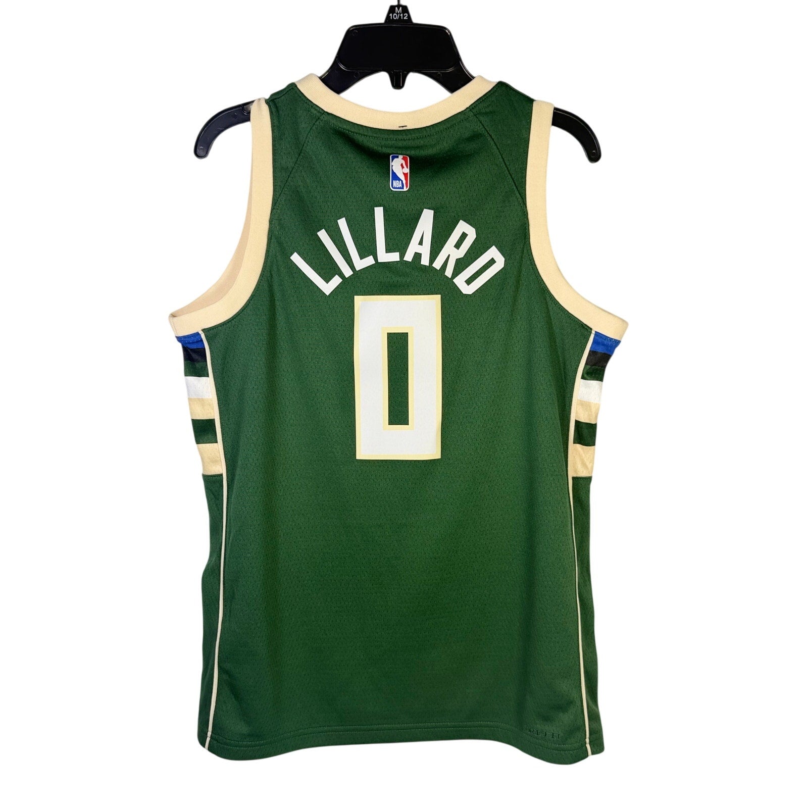 Nike Milwaukee Bucks Damian Lillard #0 youth swingman jersey in green, size M, featuring team and player details.