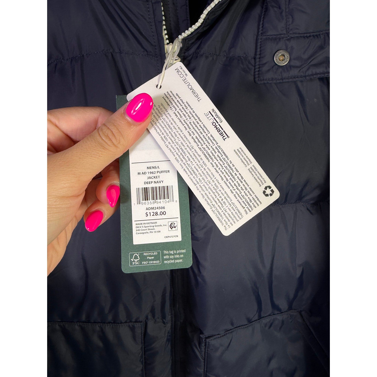 Alpine Design Men's AD 1962 Hooded Puffer Jacket in deep navy, size L, showing the front view with hood and quilted design.