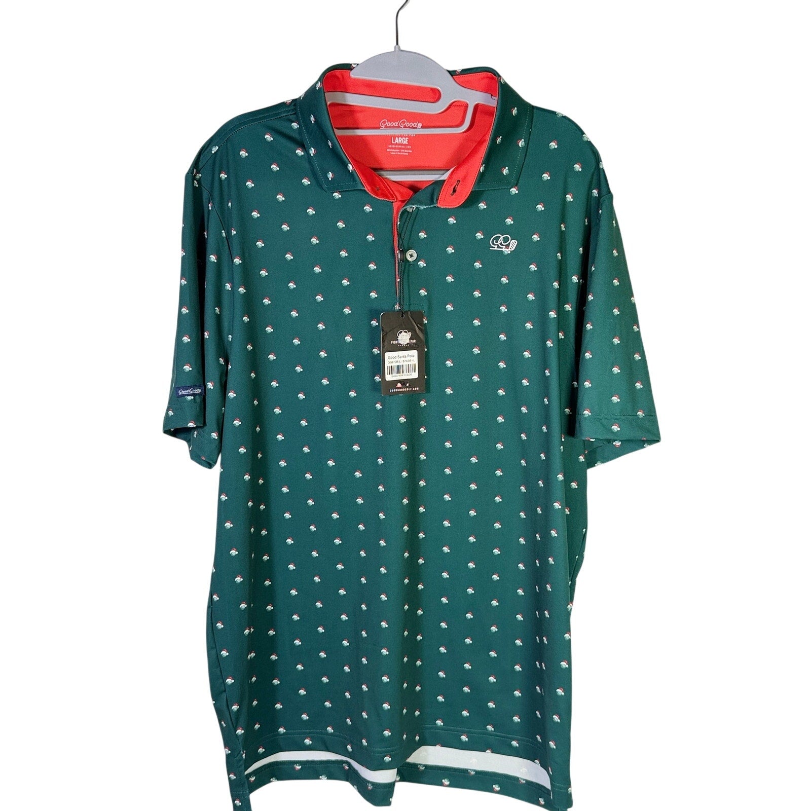 Good Good Golf men's Santa holiday polo in green, size large, featuring festive holiday designs on a comfortable golf shirt.