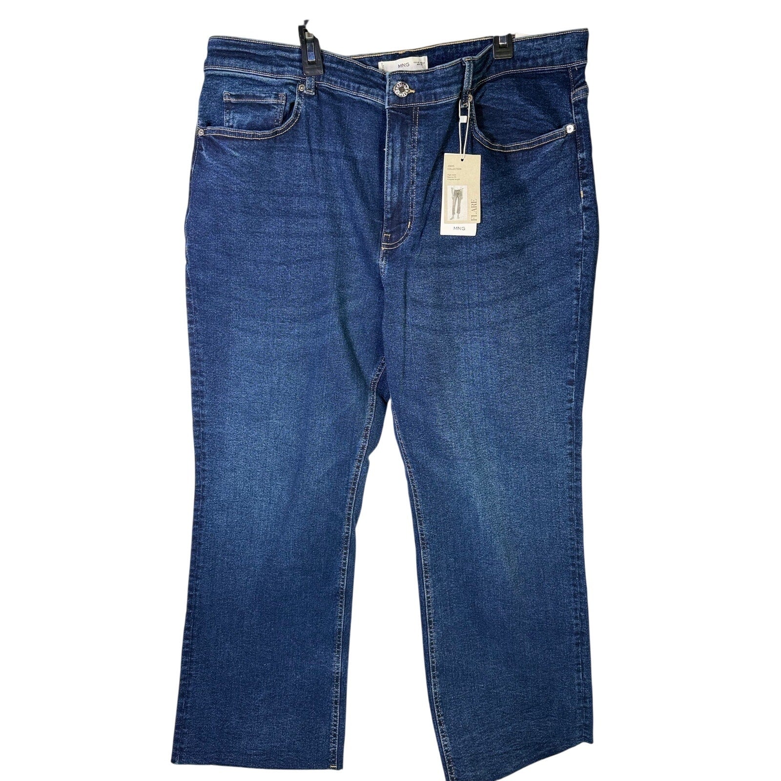 MNG women’s medium wash straight leg jeans in size 16, showcasing classic denim fit and style with front and back pockets.