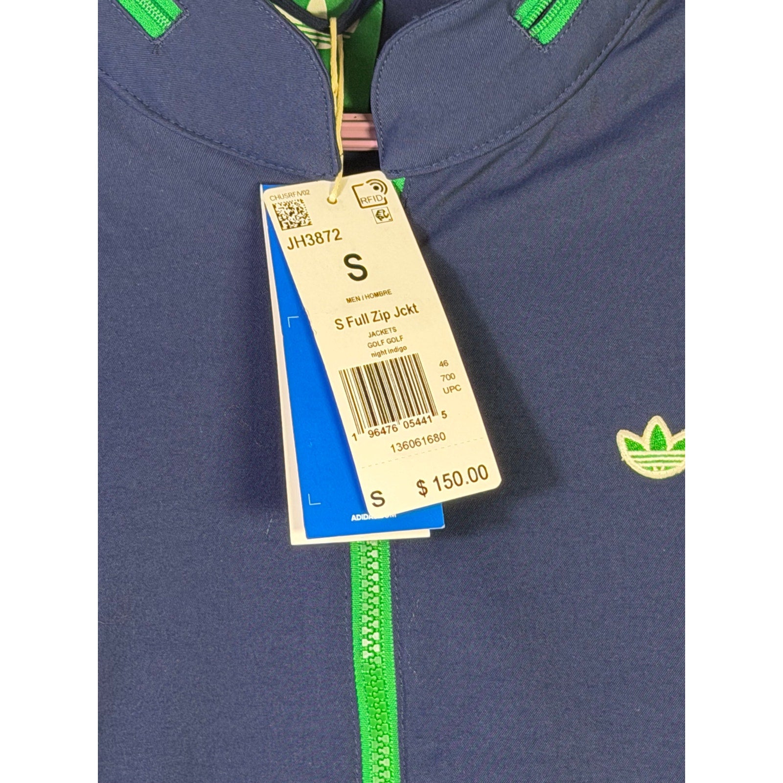 Adidas men's golf full-zip jacket in night indigo green, size small, showing front view with zip and collar detail.