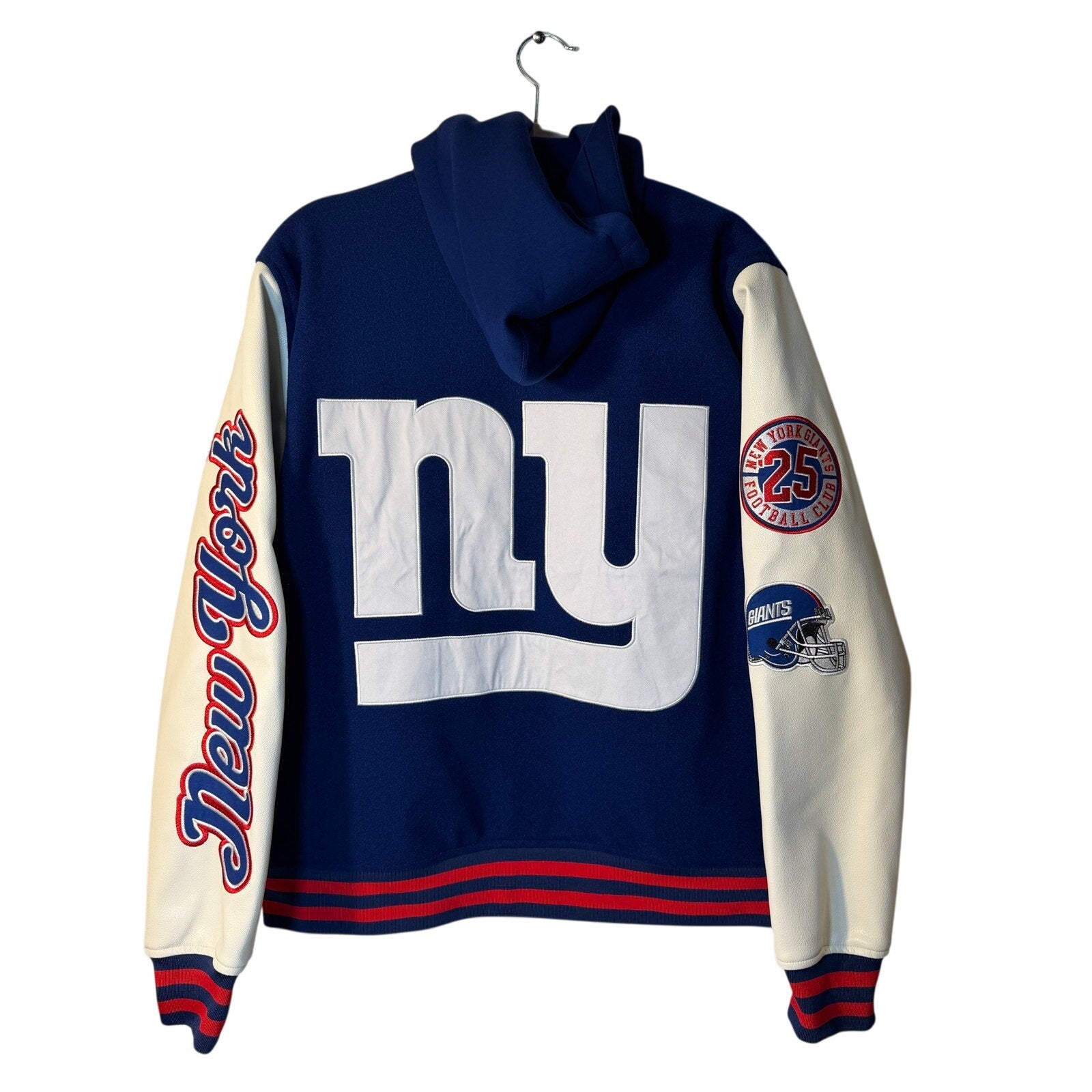 NFL New York Giants men's varsity jacket, medium size, featuring team logo and classic varsity style in durable fabric.