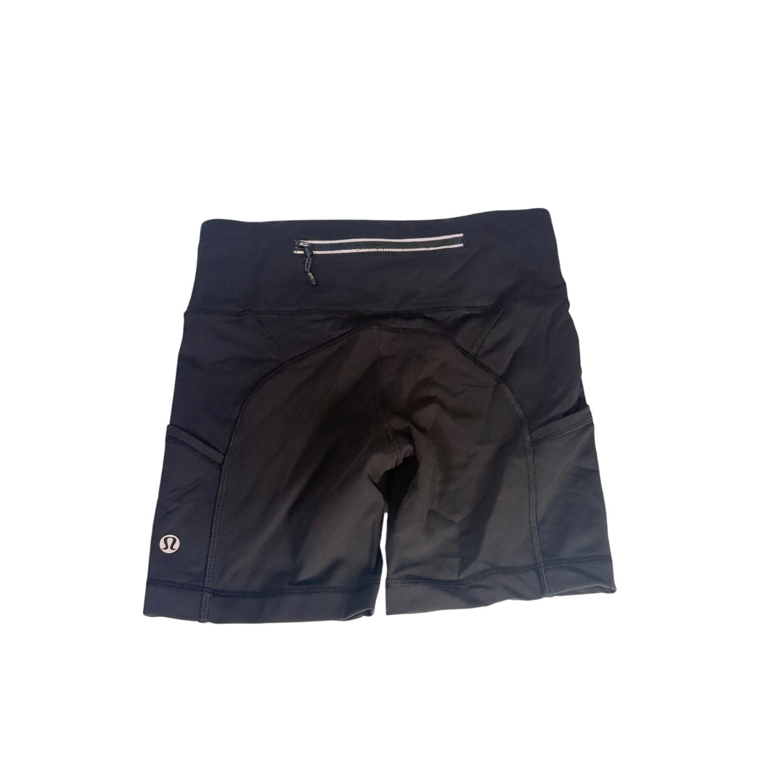 Black Lululemon women's high-rise biker shorts with pockets, size 2, shown flat with waistband and seams visible.