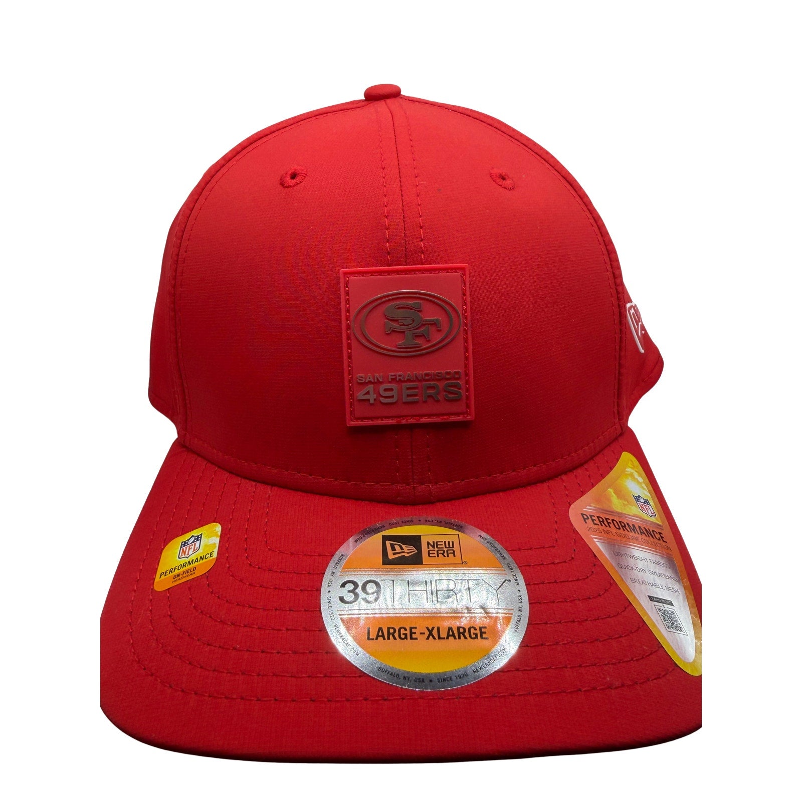 Red San Francisco 49ers NFL New Era 39THIRTY stretch fit hat, size L/XL, with team logo and curved brim.