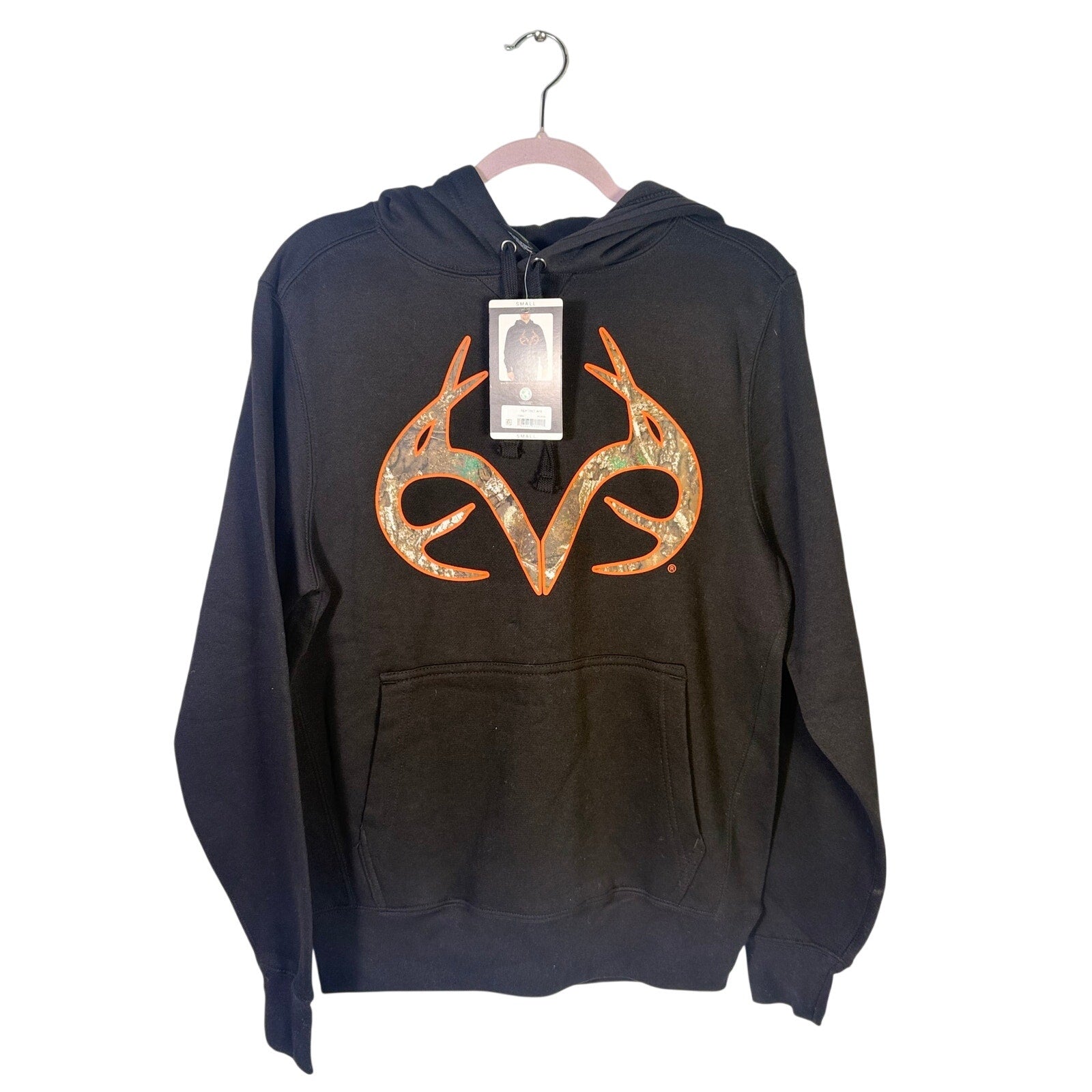 Realtree men's black and orange camo hoodie with antler logo, size small, featuring a pullover design and camouflage pattern.