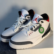 White and grey Air Jordan 3 Retro sneakers with Cement-inspired accents, featuring classic design and Jordan branding.