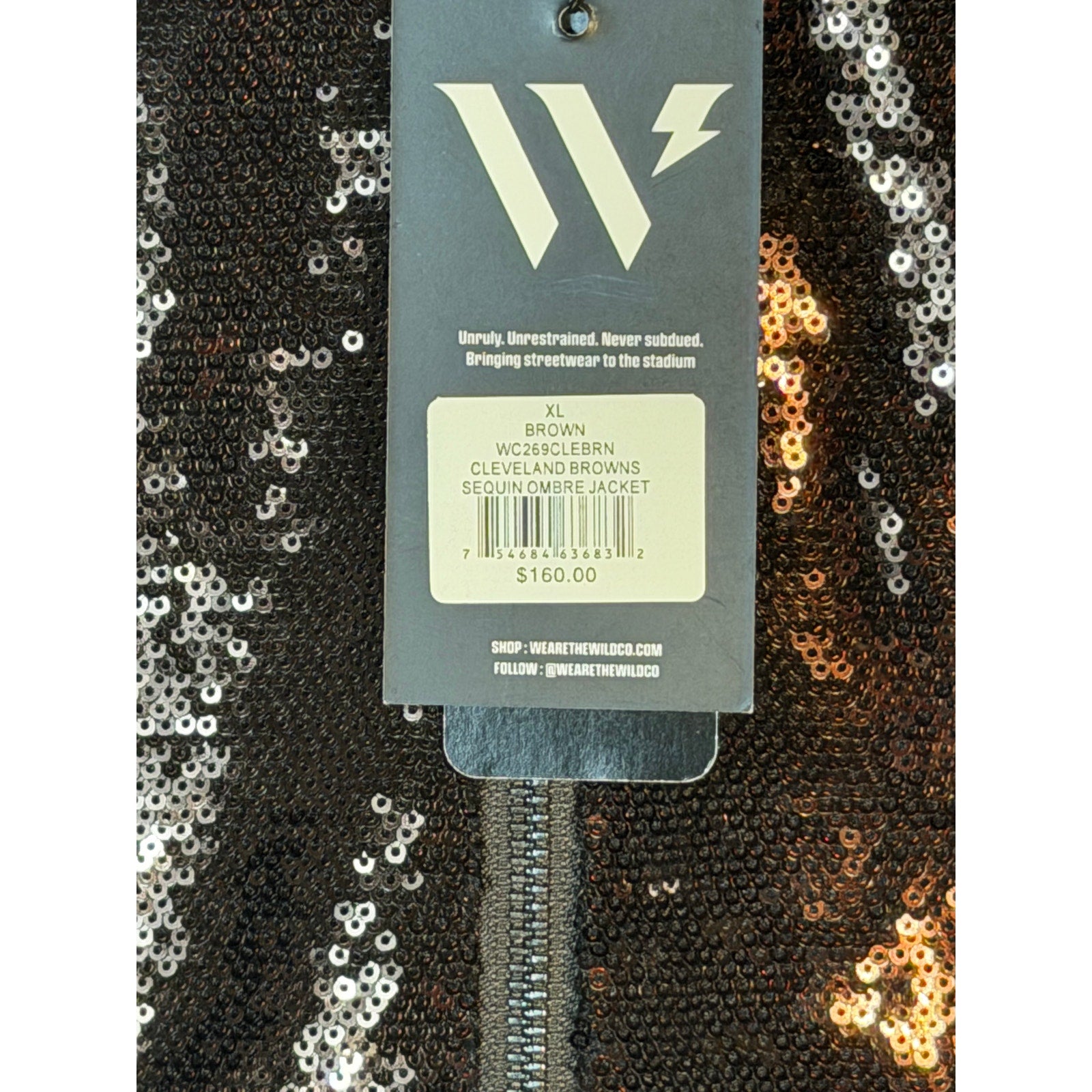 Women's XL Cleveland Browns sequin ombre bomber jacket by The Wild Collective, featuring shiny sequins and stylish design.