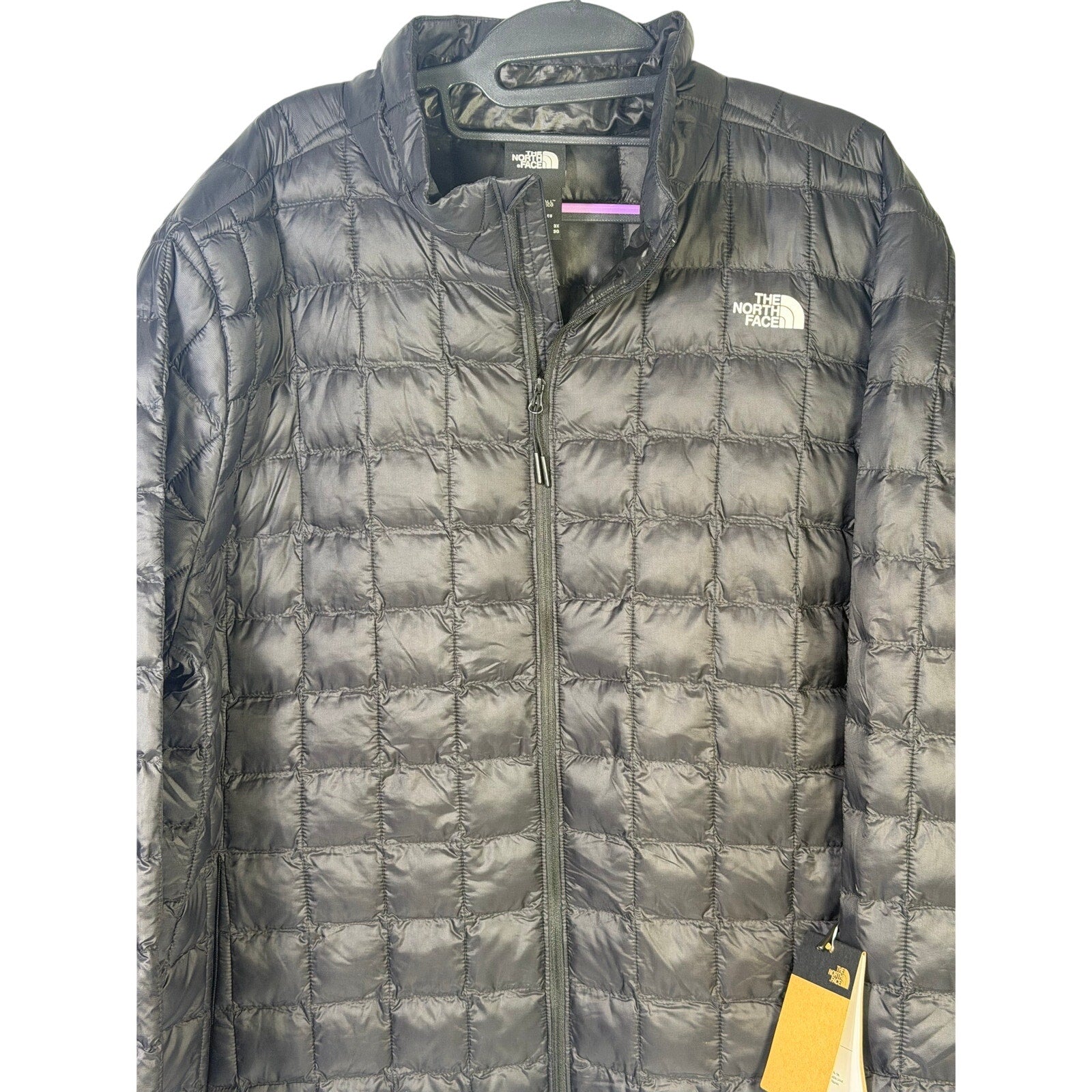 The North Face Women’s Plus ThermoBall Eco Jacket in black, size 3X Tall, displayed flat showing front view and jacket details.