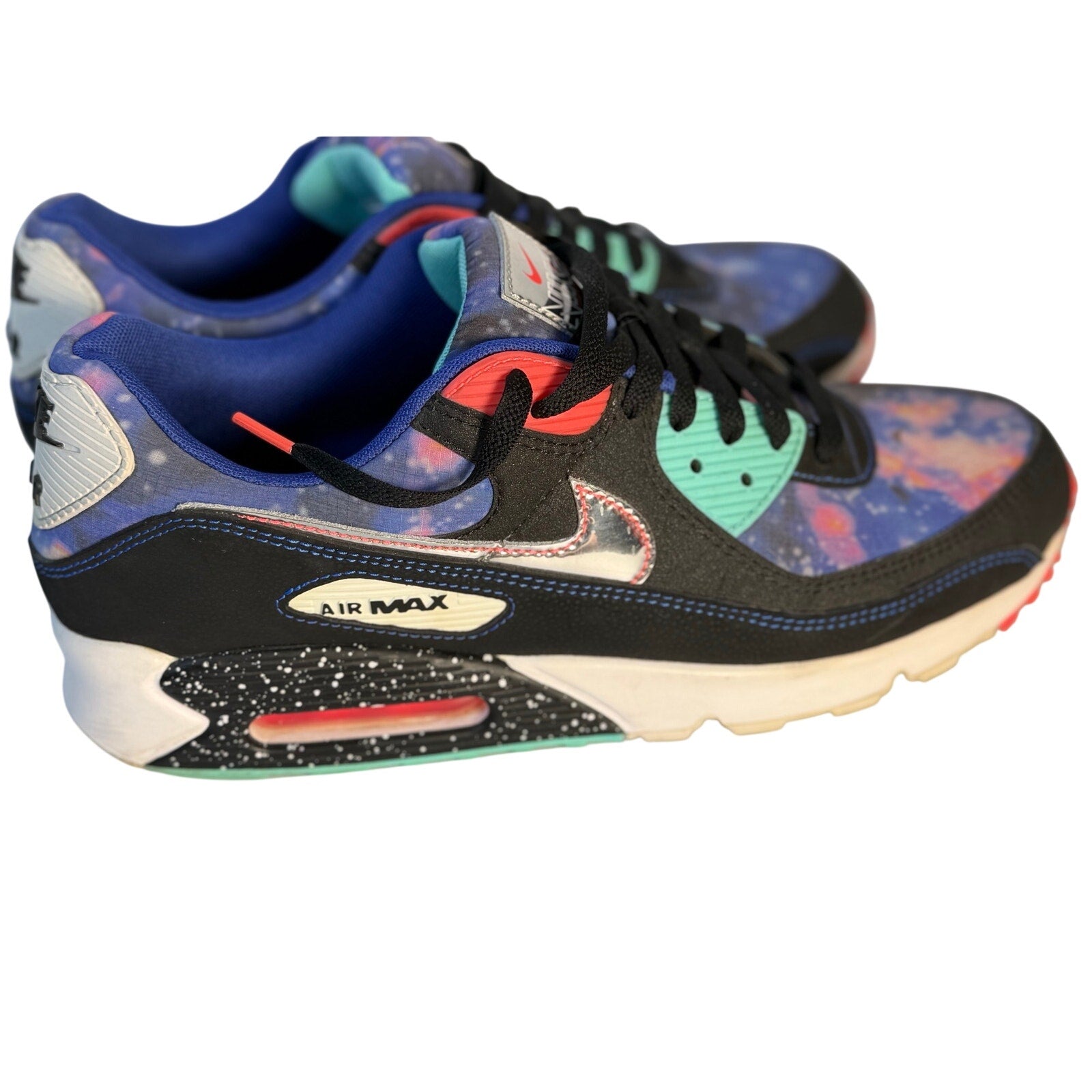 Nike Air Max 90 QS Galaxy sneakers for men, US 11.5, featuring space-themed design and visible Air Max cushioning.