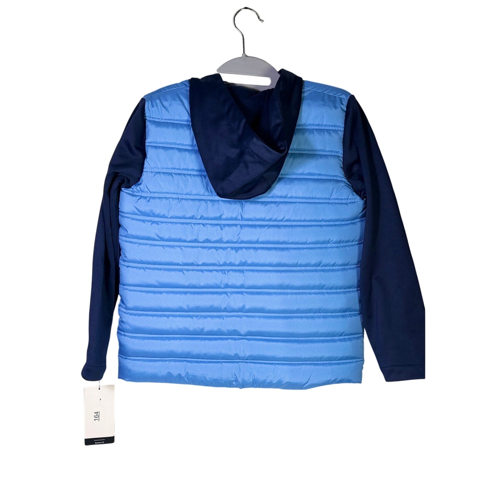 Jordan Boys Legend Blue Hybrid Puffer Jacket in size small, new with tags, featuring a blue quilted design and sporty style.