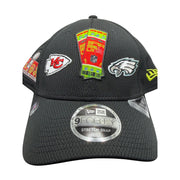 Black New Era Super Bowl LIX Chiefs Eagles 9FORTY stretch-snap hat with team logos and adjustable strap.