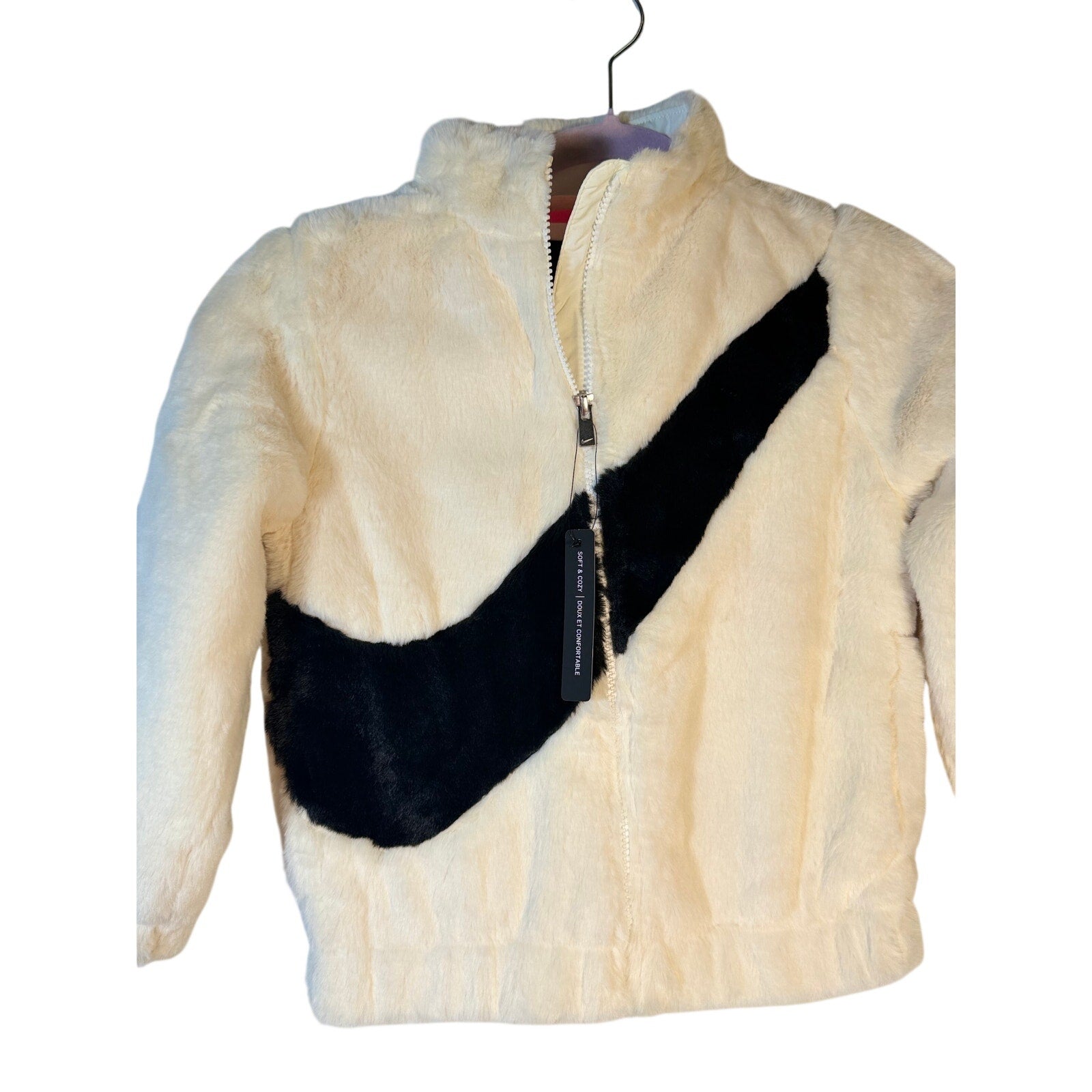 Nike girls' white faux fur Swoosh jacket, size 6, full zip, stylish and cozy outerwear for girls.