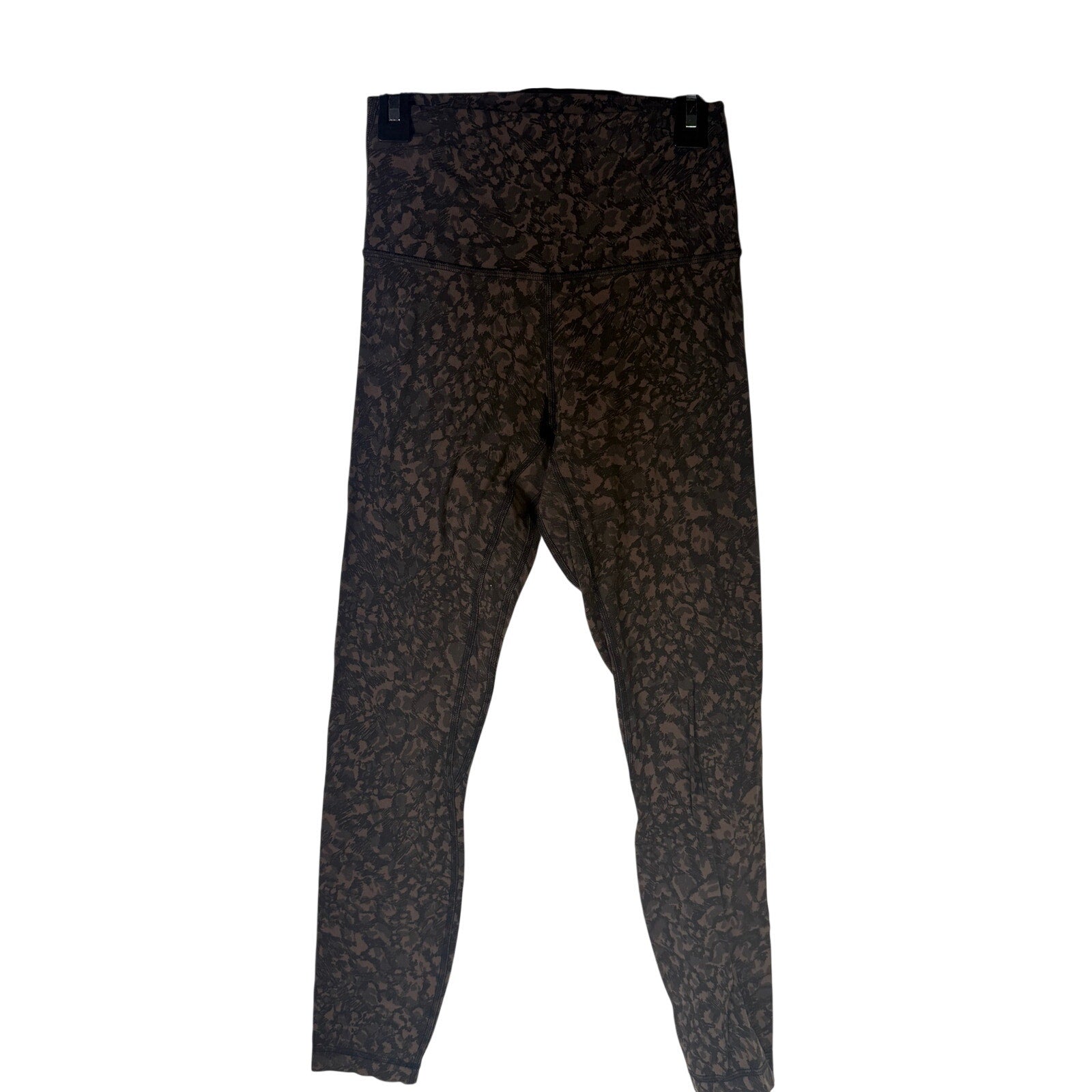 Lululemon Women’s Align high-rise leggings in brown black camo print, 25-inch length, size 4, made for comfort and flexibility.