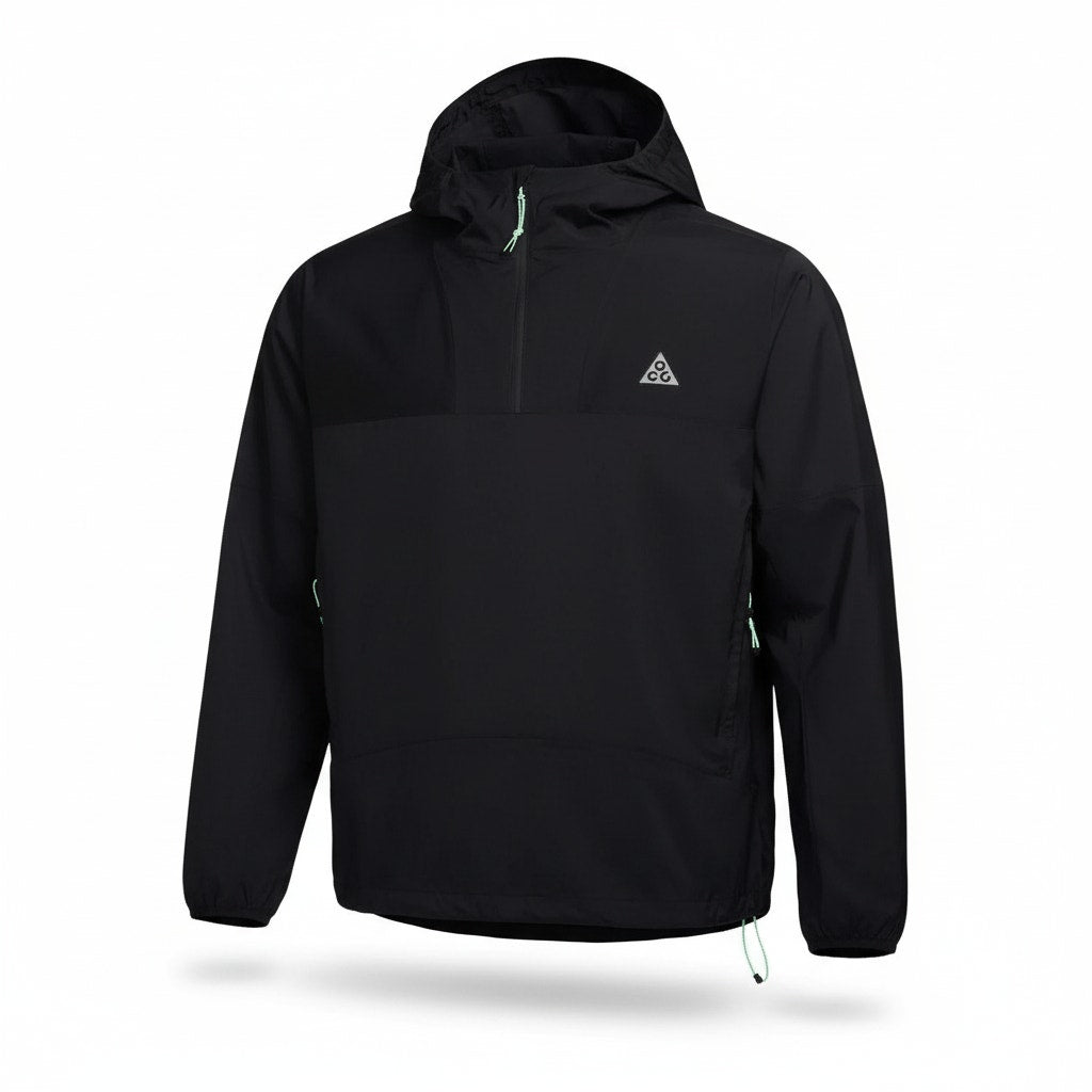 Nike ACG Trail Snacks Storm-FIT ADV men's black jacket showing a lightweight, weather-resistant outdoor jacket with Nike branding.