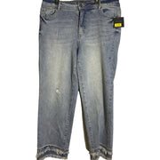 Light wash John Mark women's boyfriend jeans with distressed details and fray hem, size 14W, showcasing a relaxed fit and casual style.