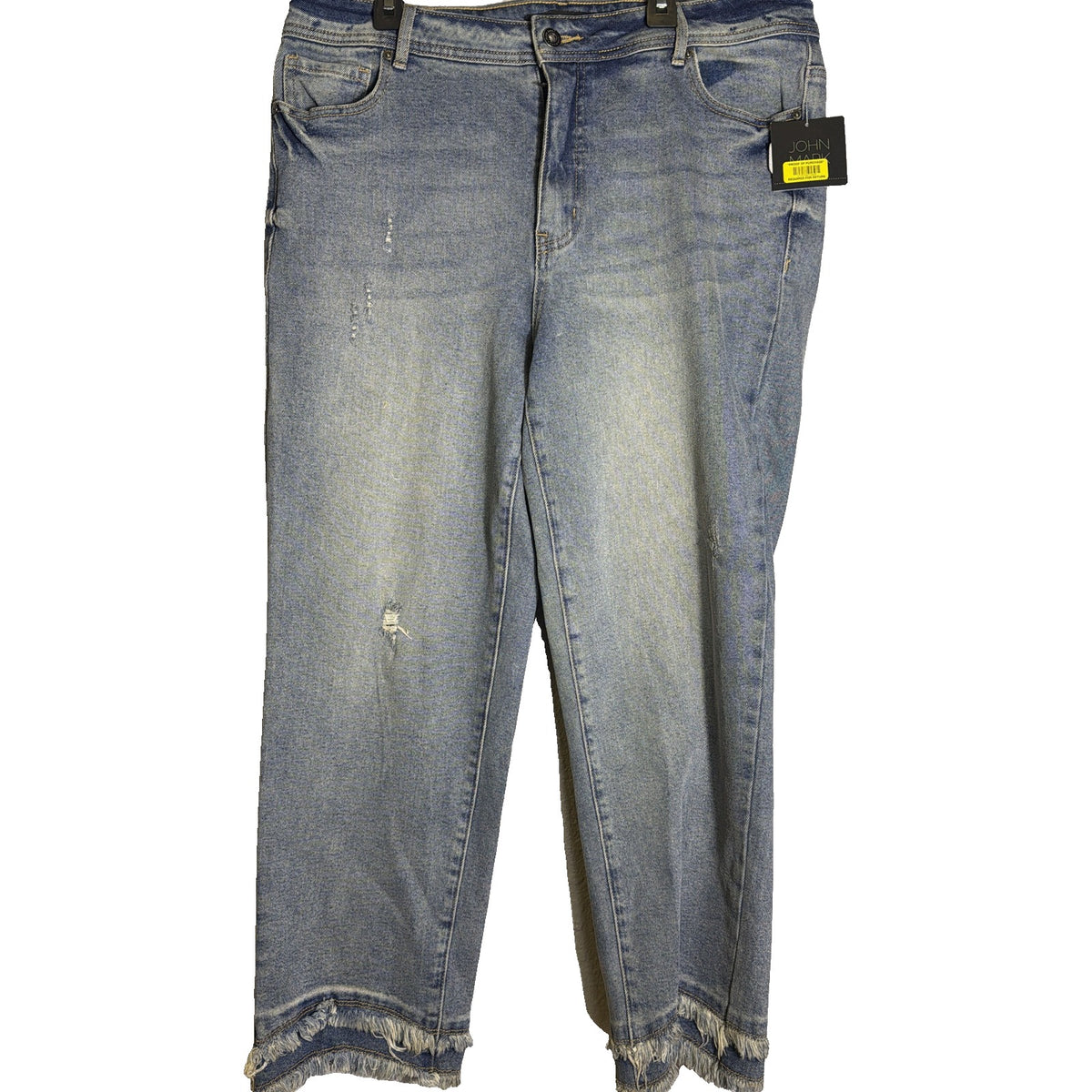 Light wash John Mark women's boyfriend jeans with distressed details and fray hem, size 14W, showcasing a relaxed fit and casual style.
