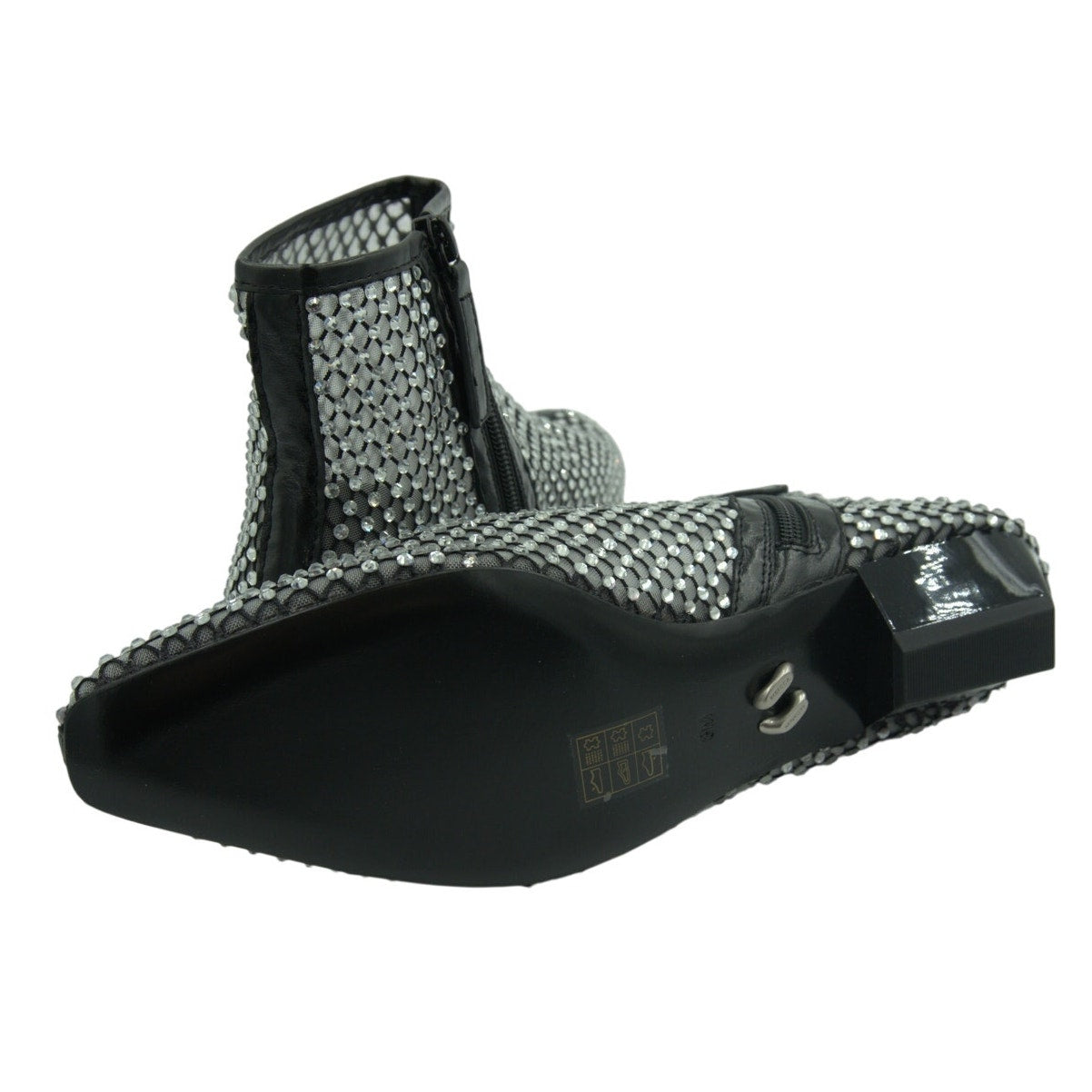 Rebecca Minkoff black crystal mesh booties for women, size 8M, with 40mm heel, showcasing the stylish design and transparent details.