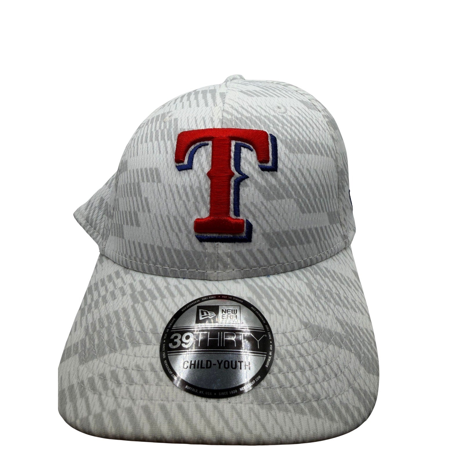 Youth Texas Rangers MLB New Era 39THIRTY stretch fit hat in white and gray, featuring team logo and curved brim.