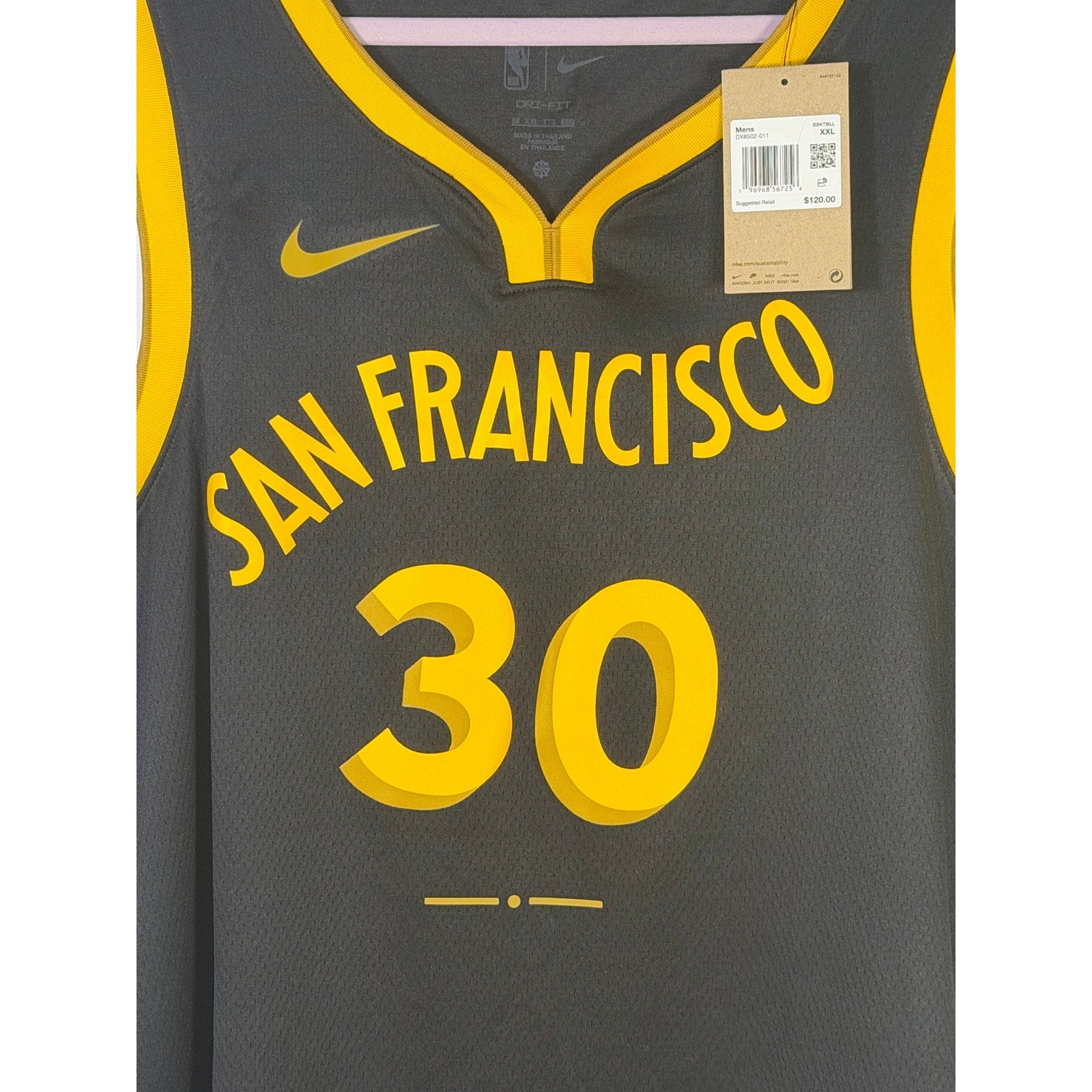 Nike Stephen Curry Golden State Warriors men's XXL black and yellow swingman basketball jersey with team logo and player name.