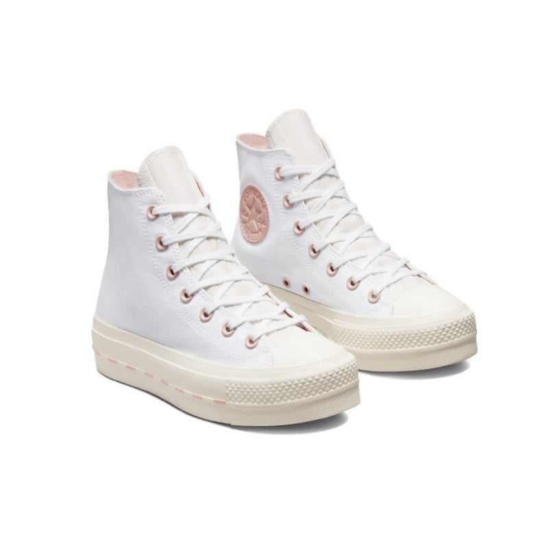 White and pink Converse Chuck Taylor All Star Lift High sneakers for women, size 7.5, with a classic high-top design.
