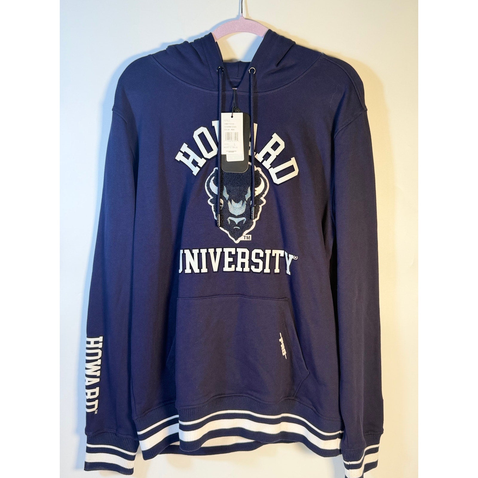 Campus Crew Howard University Bison hoodie in navy, men's large pullover with logo and Bison design on front.