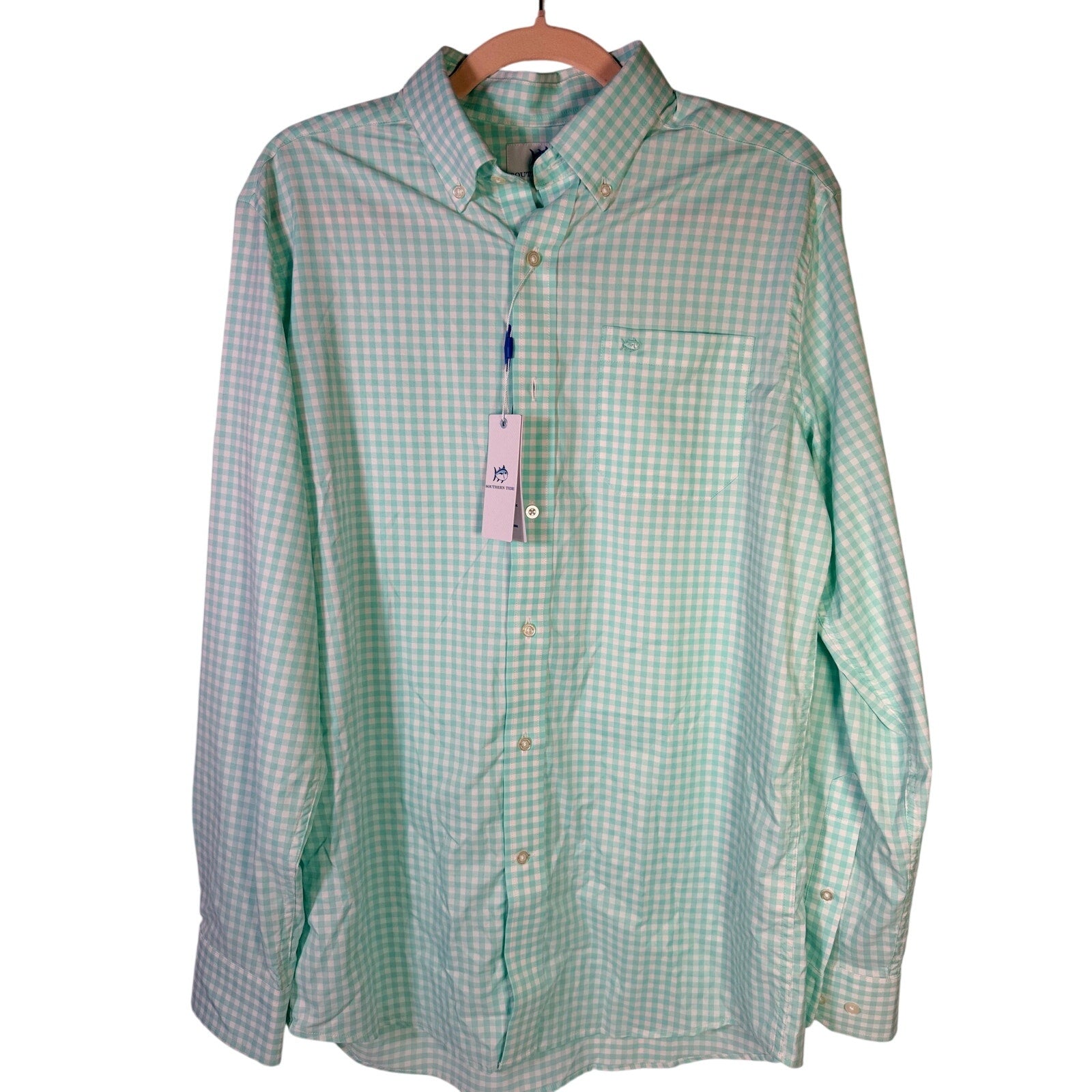 Southern Tide men's medium mint gingham sport shirt, casual style, with button-up front and collar, neatly folded.