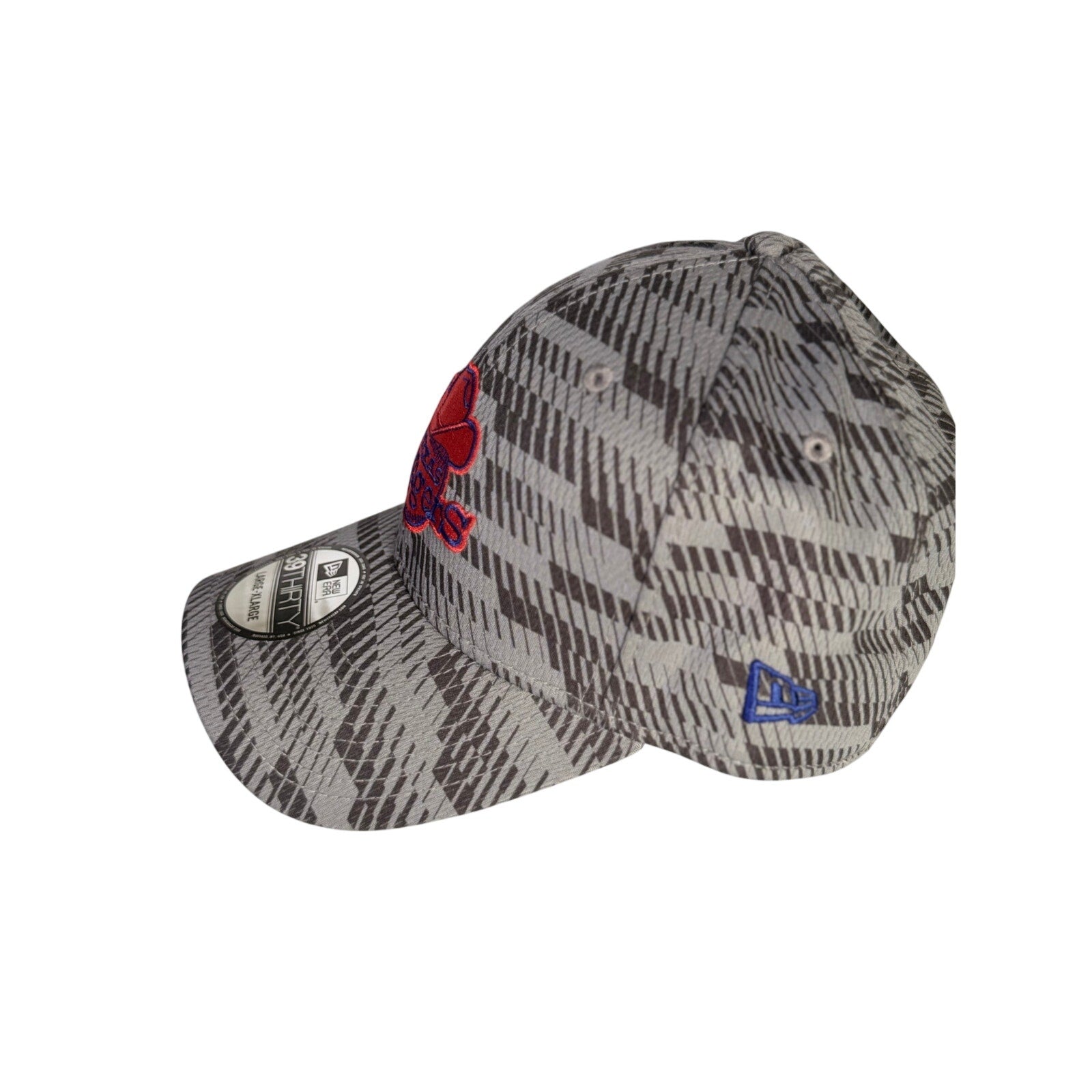 New Era Texas Rangers gray camo 39THIRTY flex fit hat in size L/XL, MLB cap with team logo and structured design.