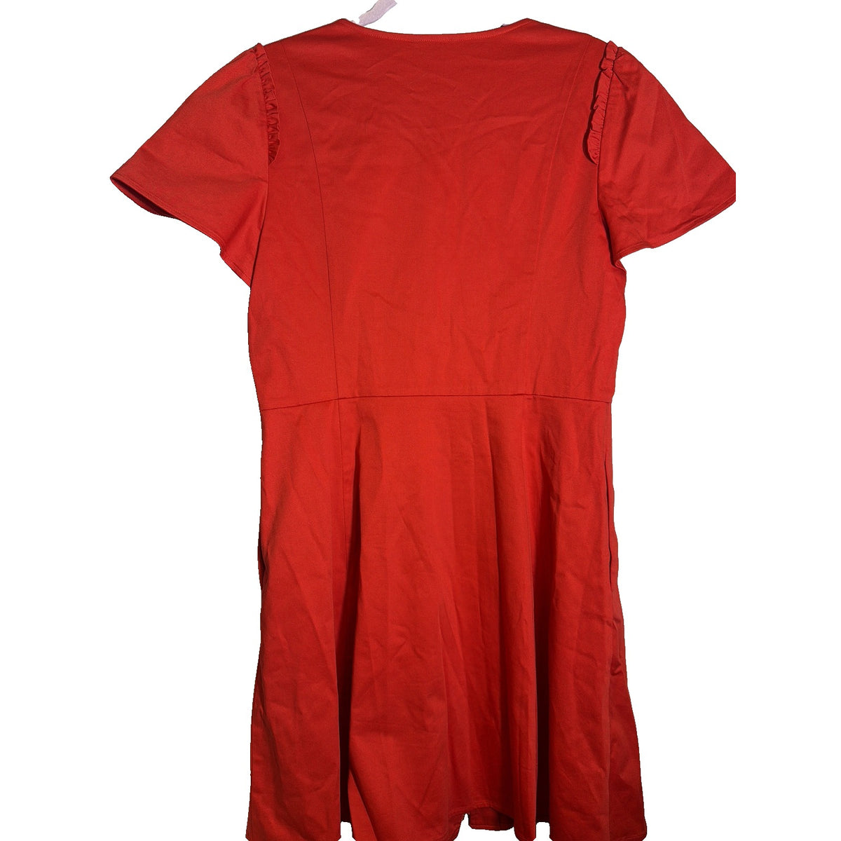 Draper James red zip-front fit and flare dress with short ruffle sleeves, size 14, pre-owned, displayed on a hanger.