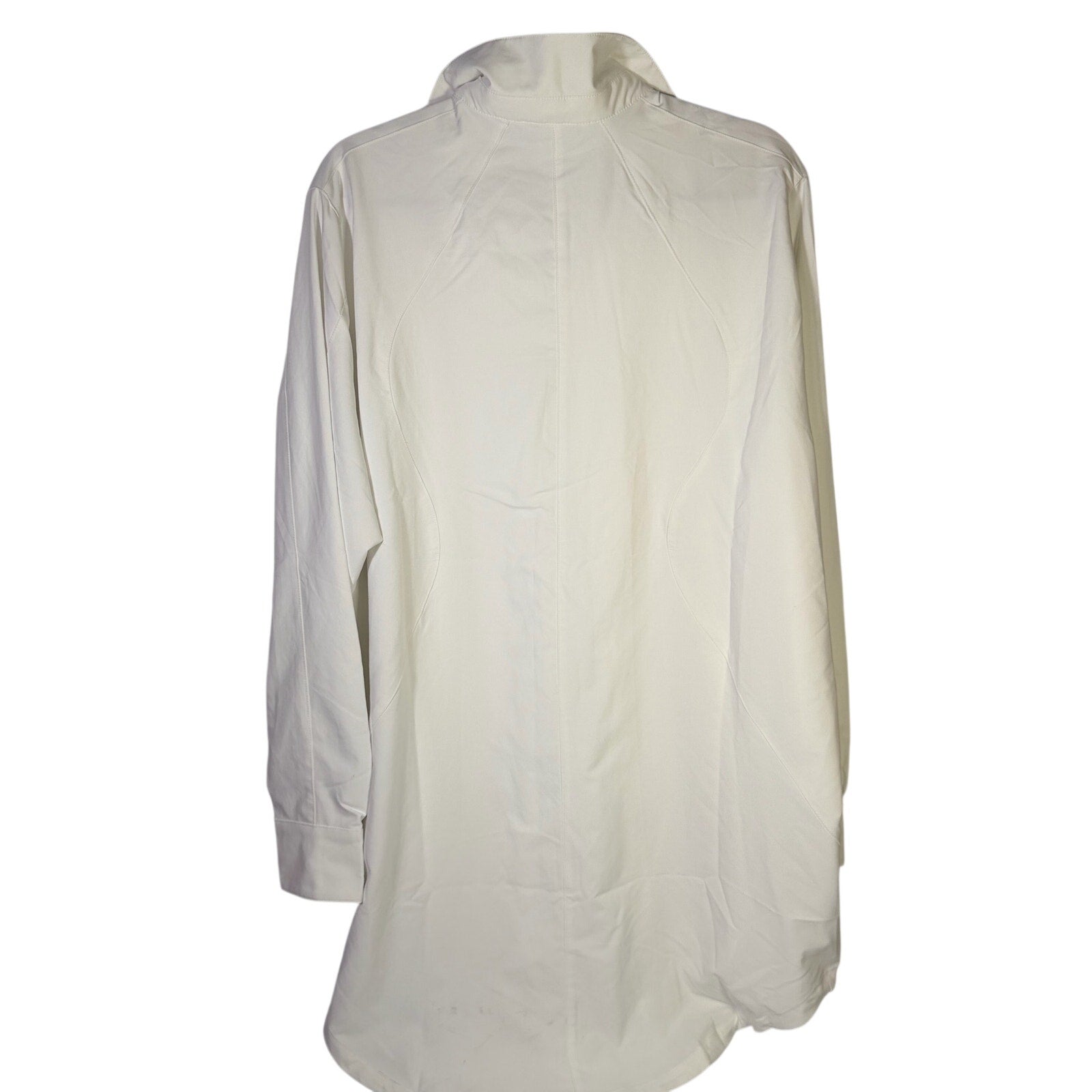 Nike women's long full zip cream jacket with logo, size XL, shown on a hanger with front view and full-length zipper.