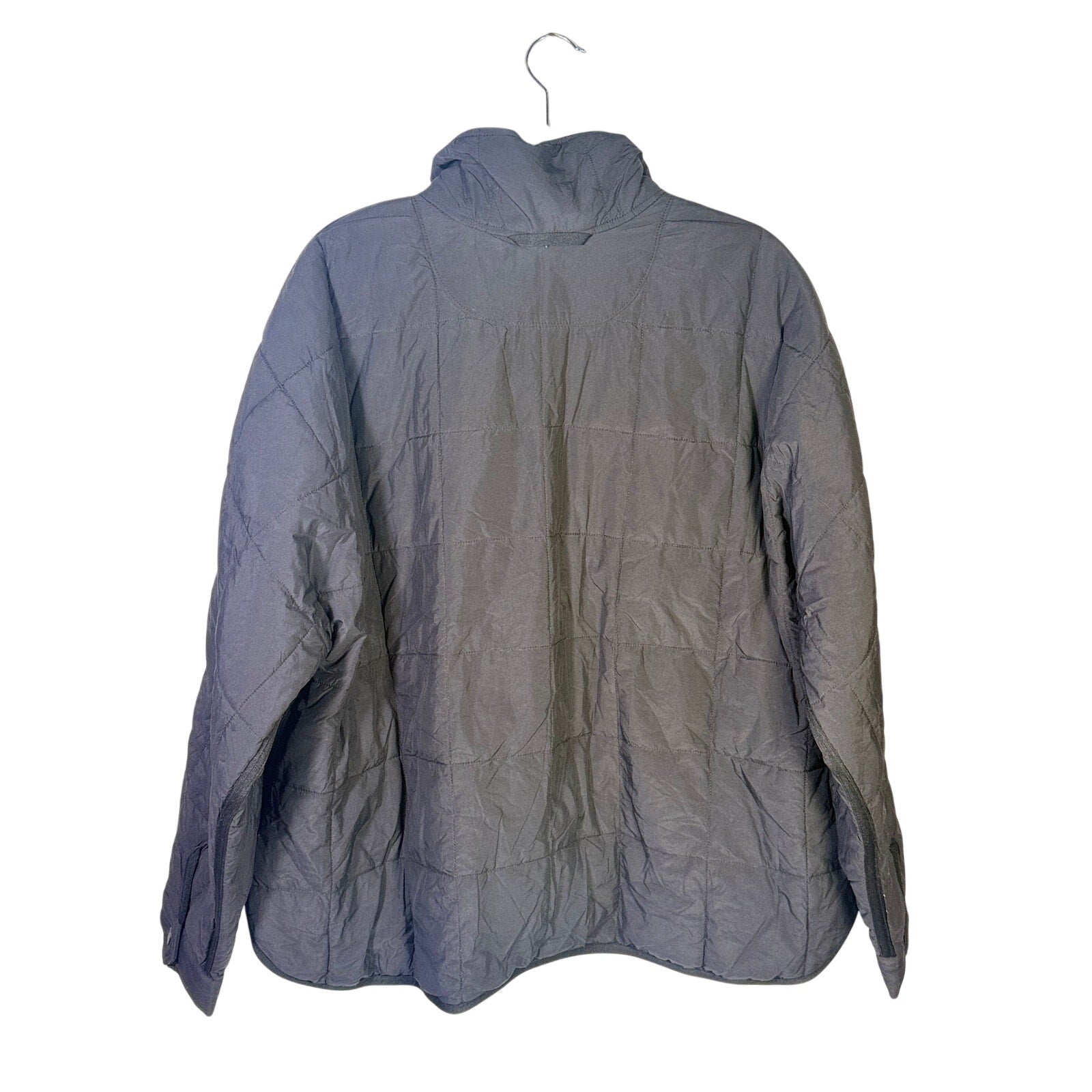 Black quilted Free People Movement women's full zip jacket, size large, shown with front view and quilted texture.