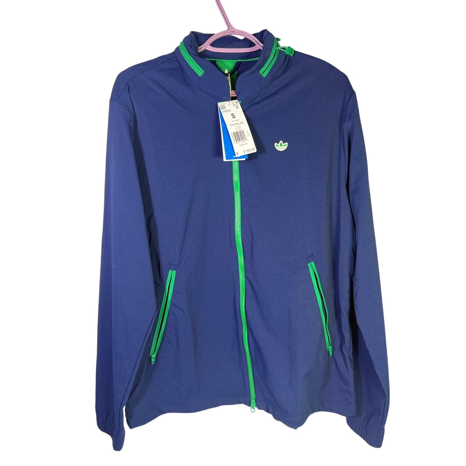 Adidas men's golf full-zip jacket in night indigo green, size small, shown with front view and full zipper detail.