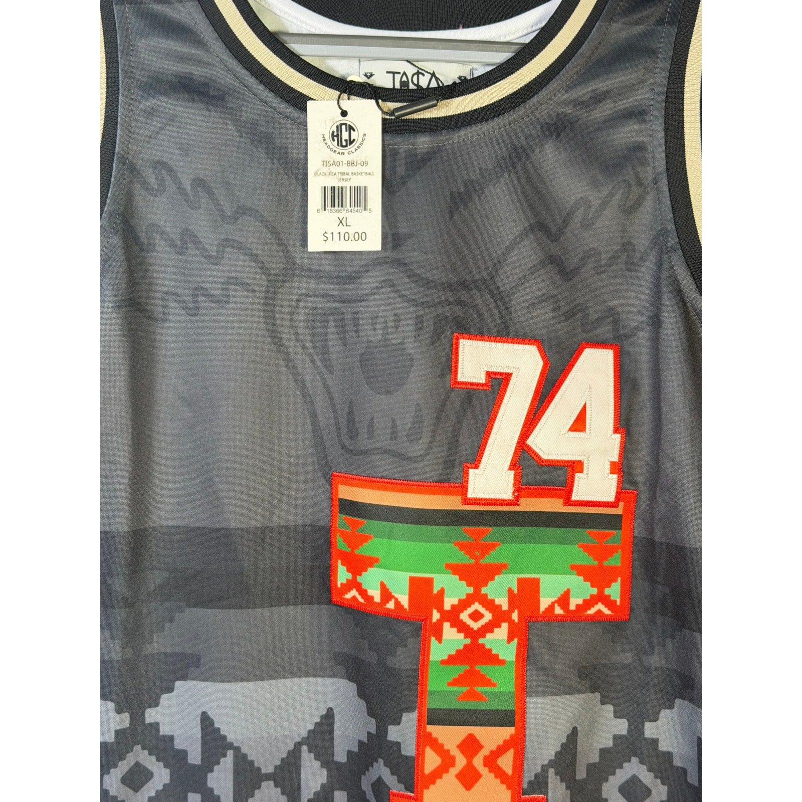 Headgear Classics Taos Pueblo tribal basketball jersey, men's XL size, featuring vibrant Native-inspired design.