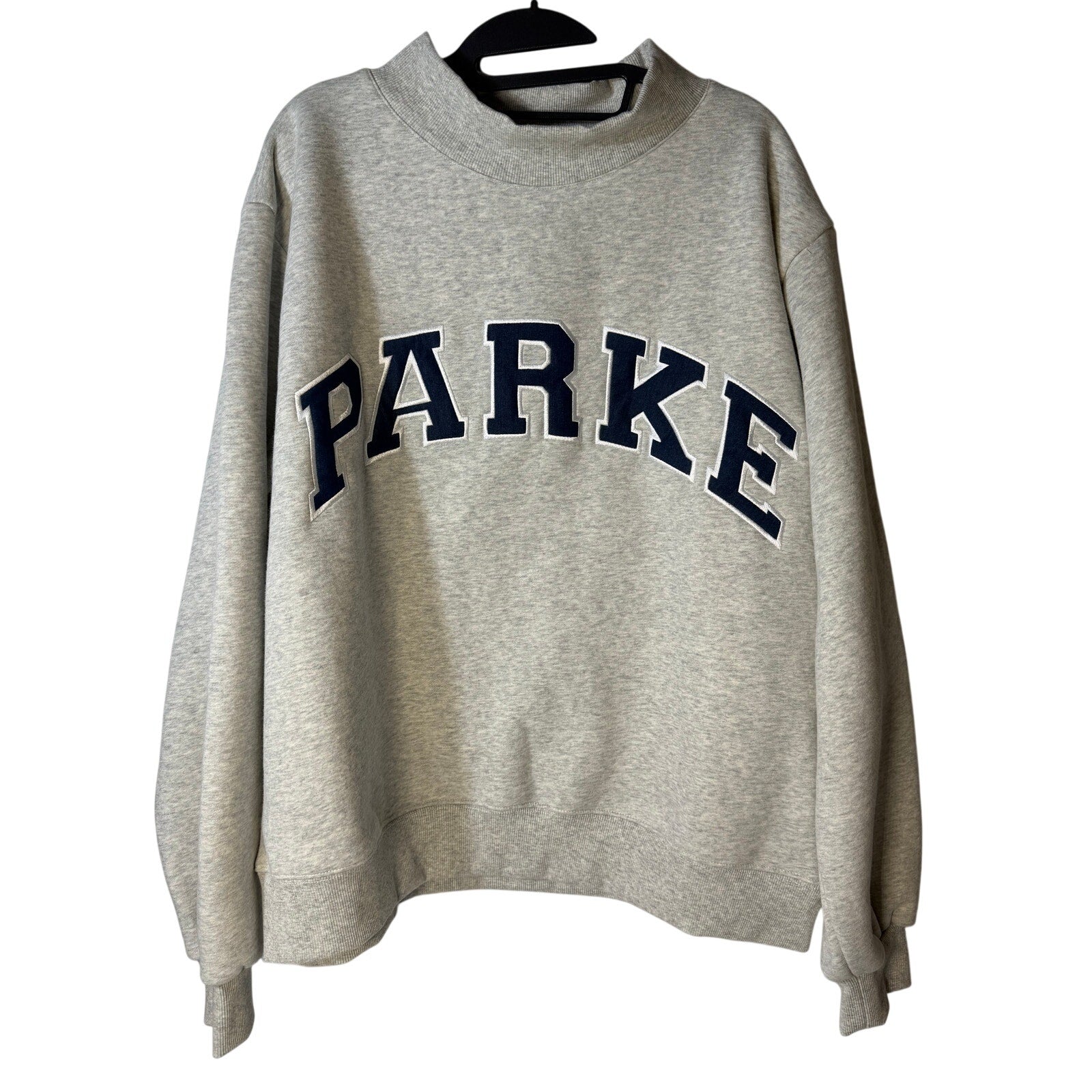 PARKE women's gray oversized fleece sweatshirt with mock neck, embroidered logo, L/XL size, cozy pullover for casual wear