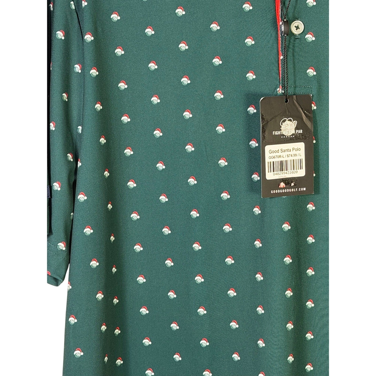 Green Good Good Men's Santa Holiday Golf Polo shirt in size Large, featuring festive holiday design and classic polo style.