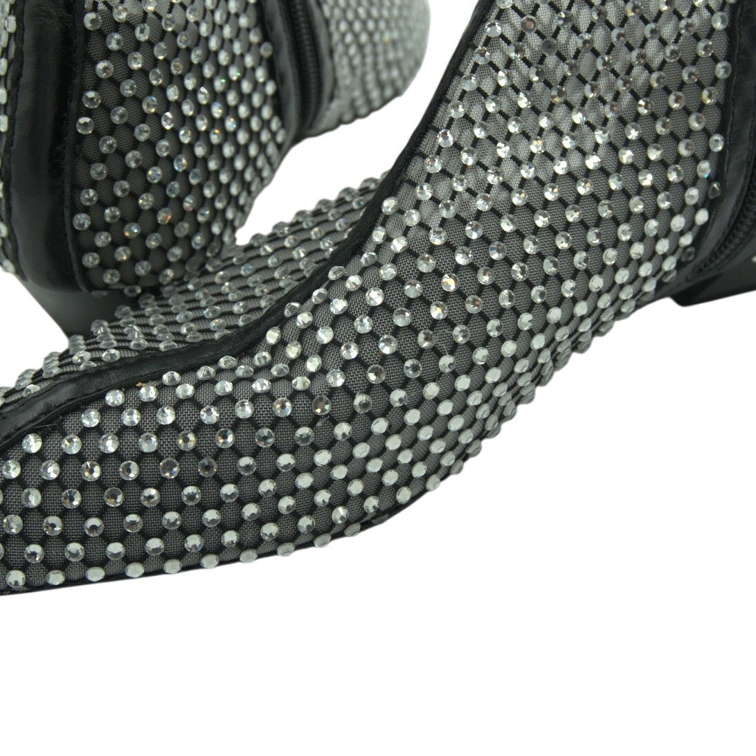 Rebecca Minkoff black crystal mesh ankle boots with 40mm heels, size 8M, showcasing elegant design and textured details.