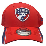 Red New Era FC Dallas 39THIRTY stretch fit MLS hat in medium-large size with team logo and curved brim.