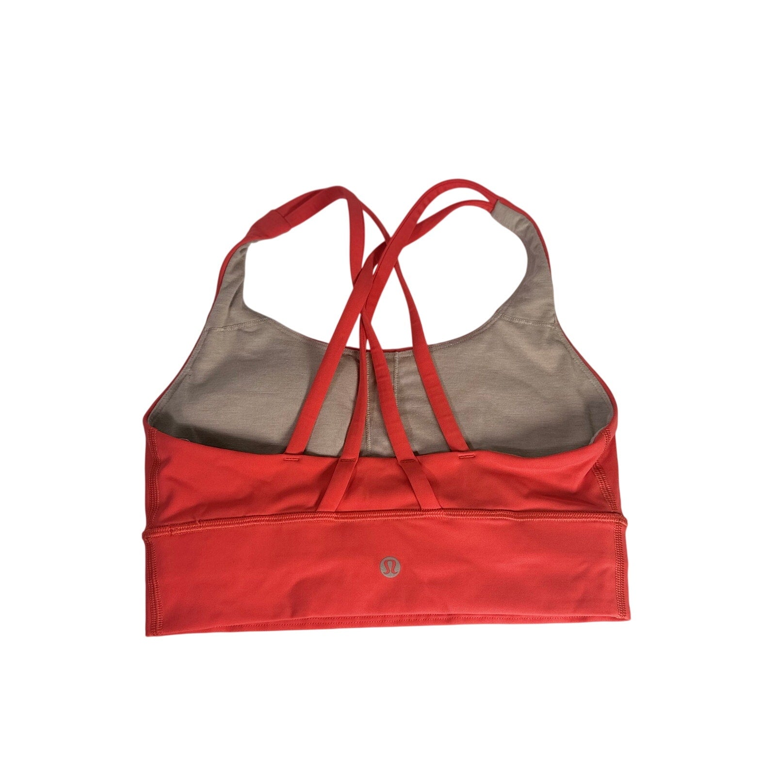 Lululemon women's coral red strappy longline sports bra, size 4, featuring a supportive fit and stylish design.