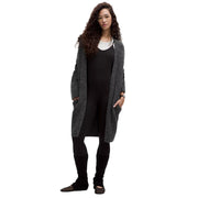 Lululemon women's textured knit long cardigan sweater in charcoal gray with open front and relaxed fit.