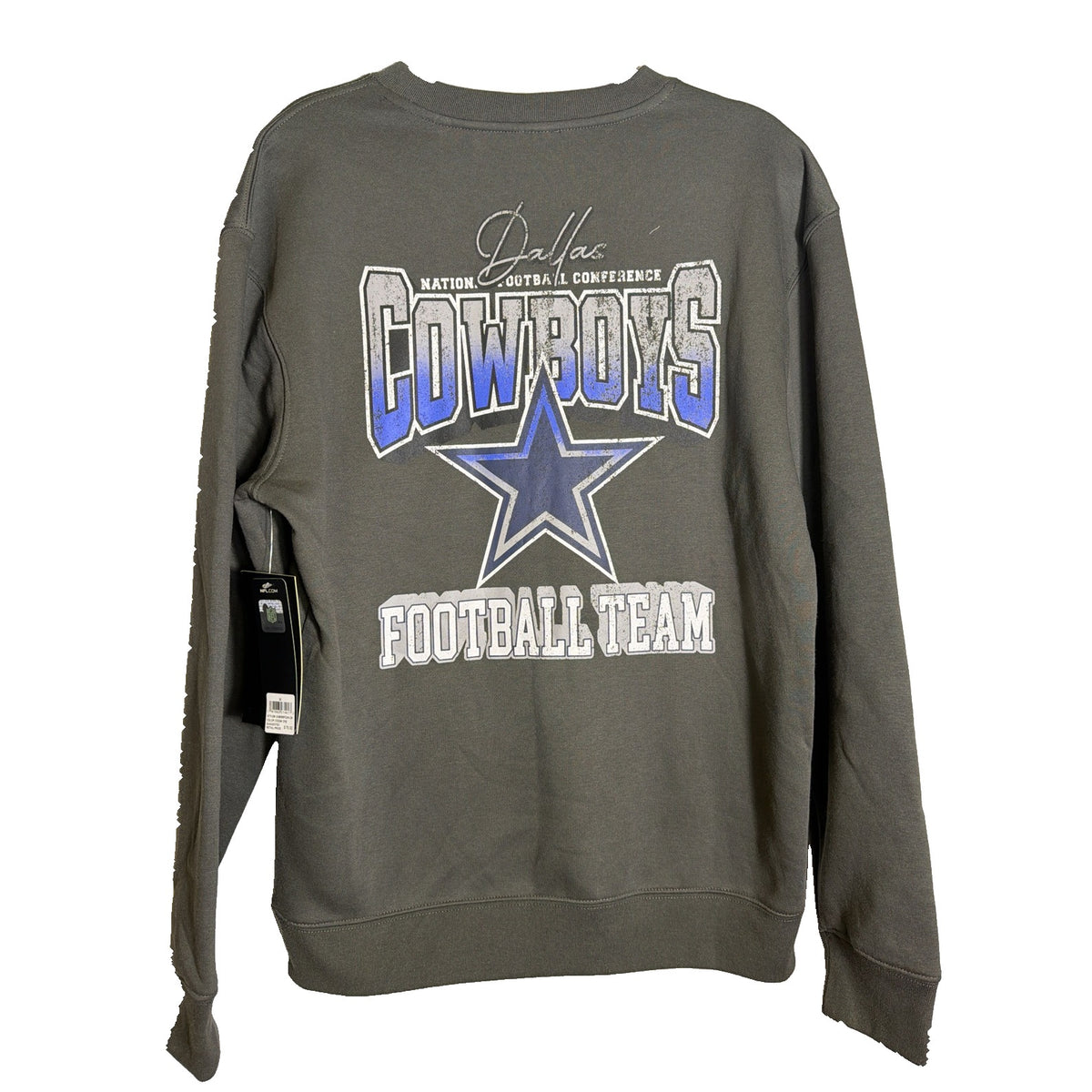 Olive gray NFL Dallas Cowboys crewneck sweatshirt for men, featuring team logo and unisex fit, new with tags.