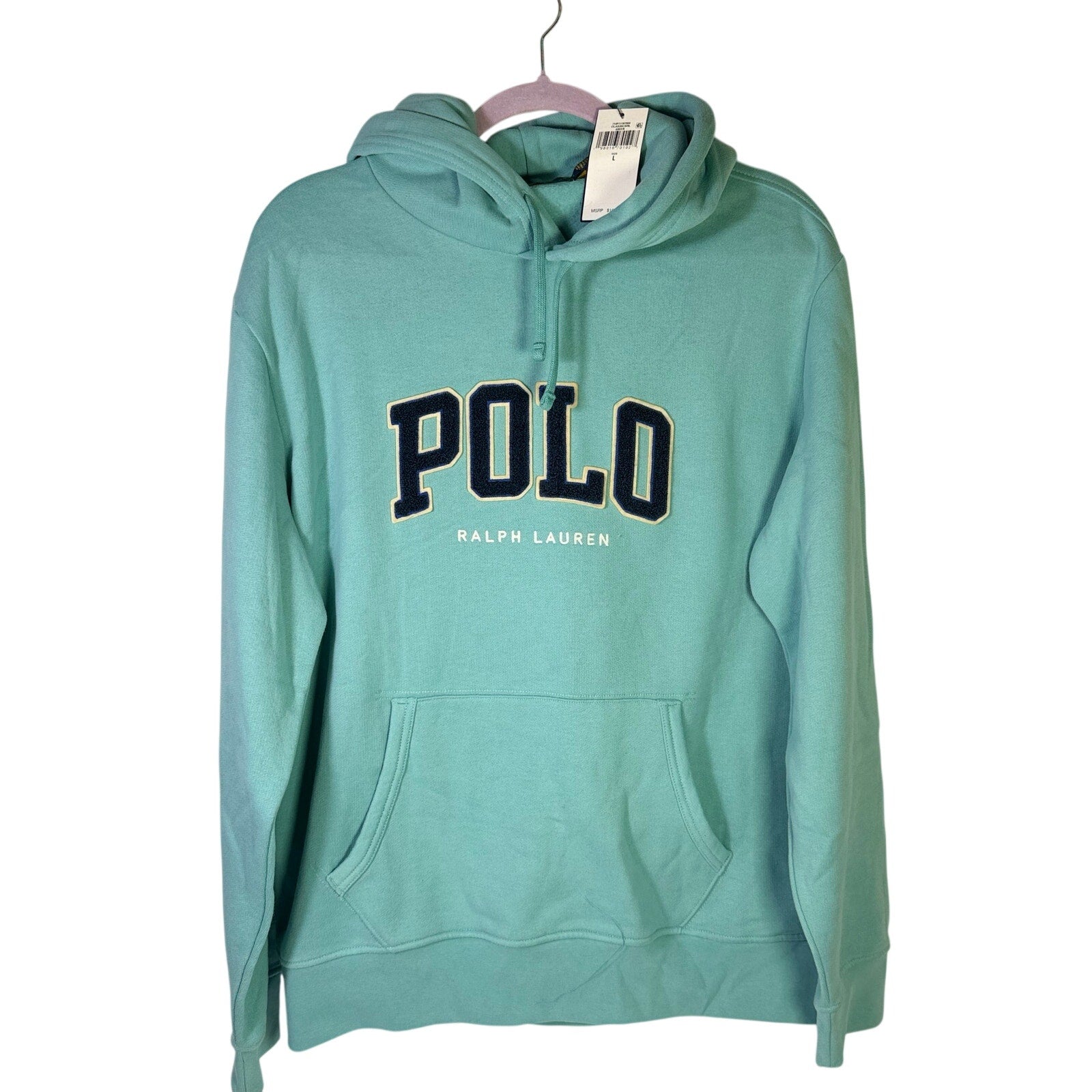 Green Polo Ralph Lauren men's classic fit logo pullover hoodie, size L, with visible brand logo on front.
