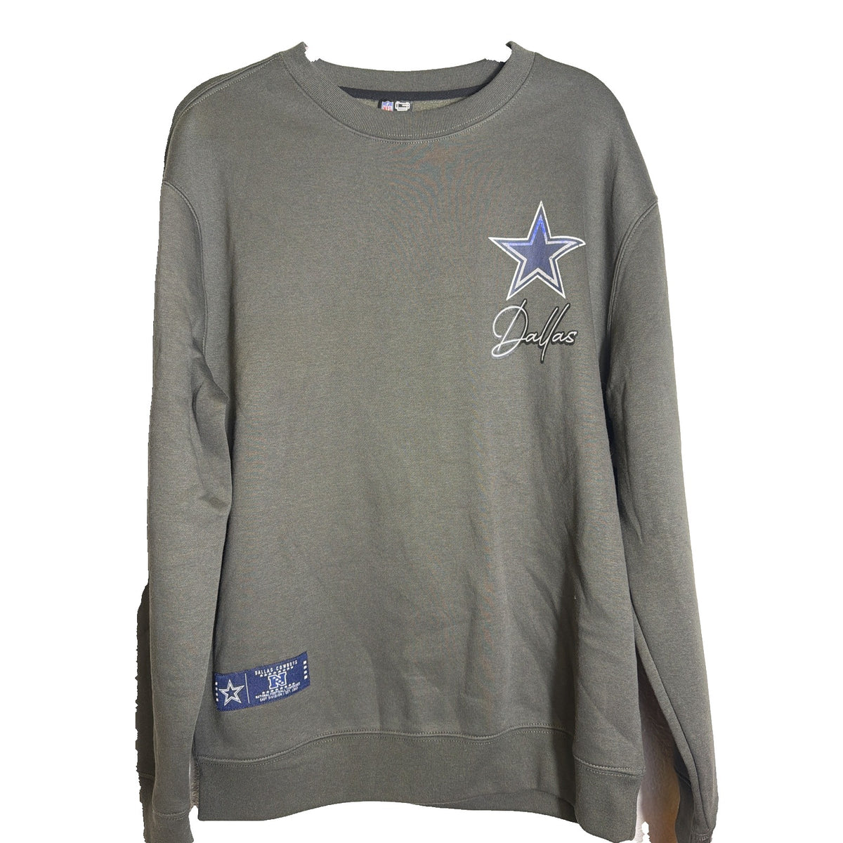Olive gray Dallas Cowboys NFL crewneck sweatshirt, unisex medium size, featuring team logo and NFL branding, casual and comfortable fit.