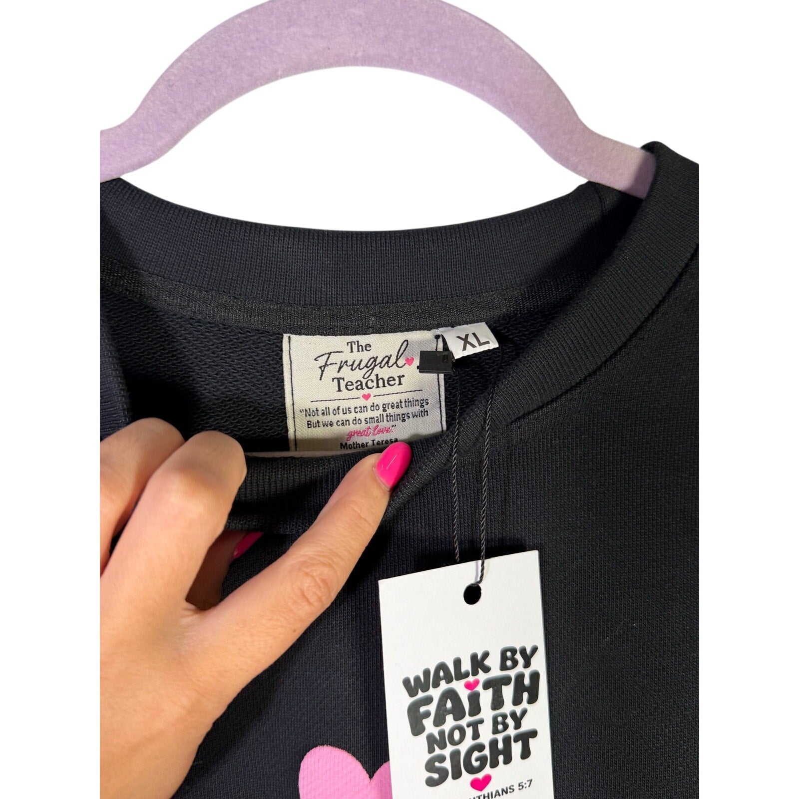 The Frugal Teacher Walk by Faith Christian crewneck sweatshirt in XL, showing a navy blue fabric with printed design.