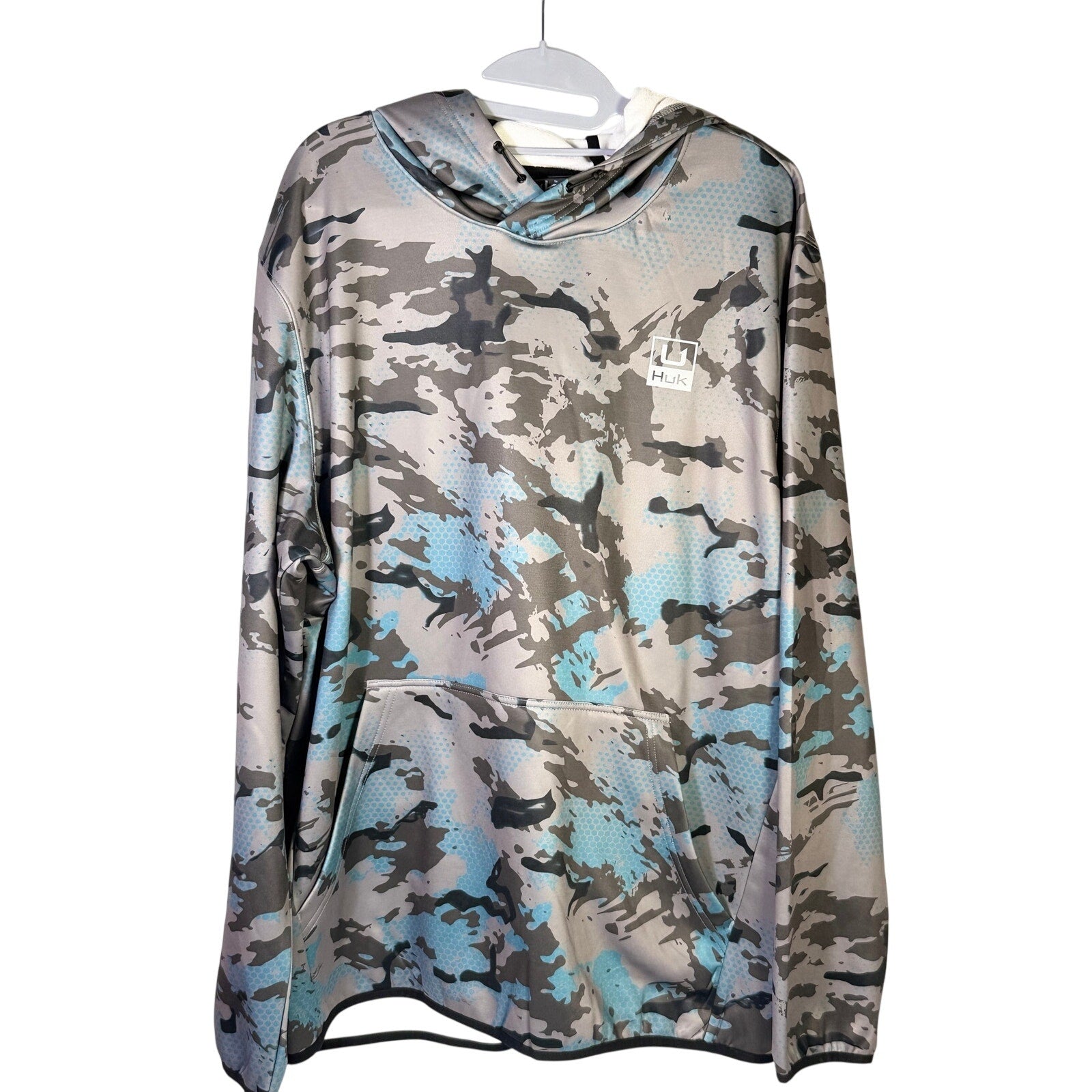 Hulk Men’s gray-blue camo fishing hoodie, size XL, featuring a Cold Front KC design, front pocket, and hood for outdoor wear.
