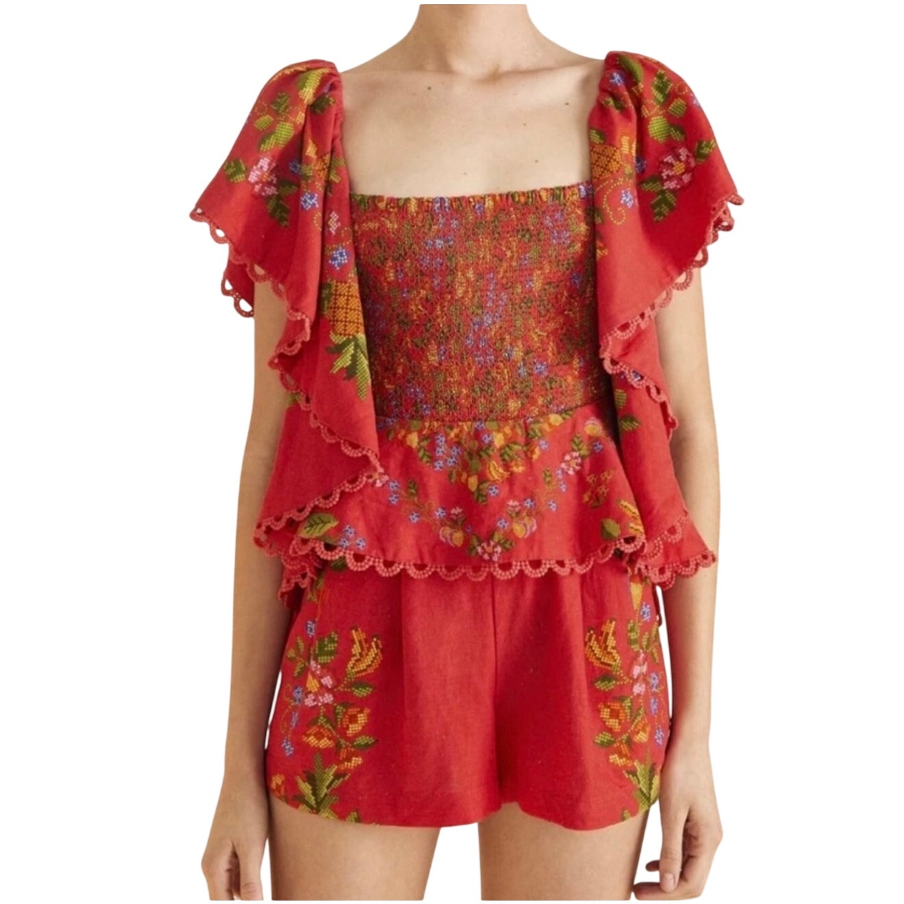 Red floral embroidered FARM Rio women’s romper with flutter sleeves, size XL, featuring a stylish and vibrant outfit set.