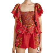 Red floral embroidered FARM Rio women’s romper with flutter sleeves, size XL, featuring a stylish and vibrant outfit set.